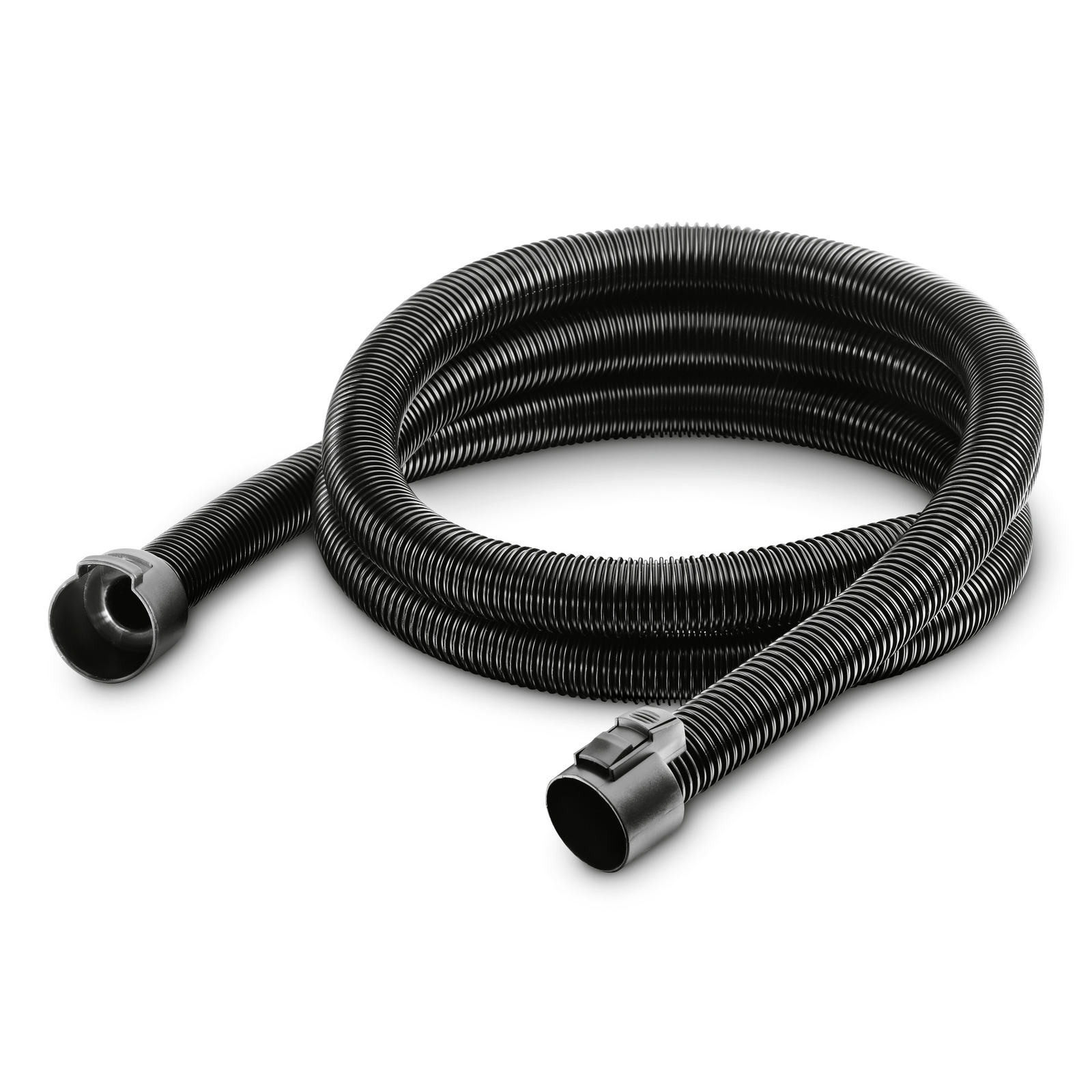 Black Kärcher vacuum cleaner hose coiled neatly, featuring two connectors at each end. Black Kärcher vacuum cleaner hose coiled neatly, featuring two connectors at each end.