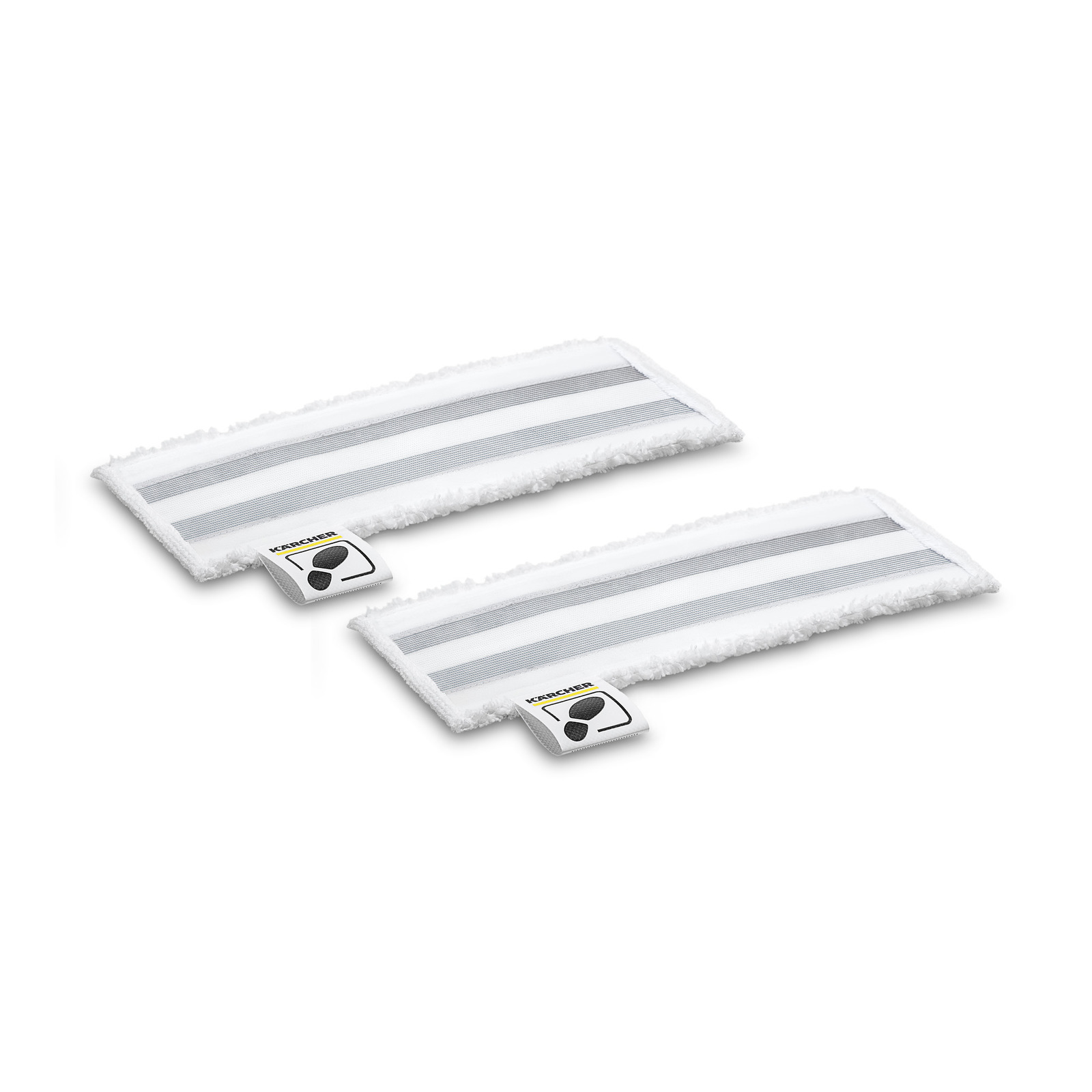 Two Kärcher microfiber cloths with grey stripes and branded tags, laid flat on a white background. Two Kärcher microfiber cloths with grey stripes and branded tags, laid flat on a white background.