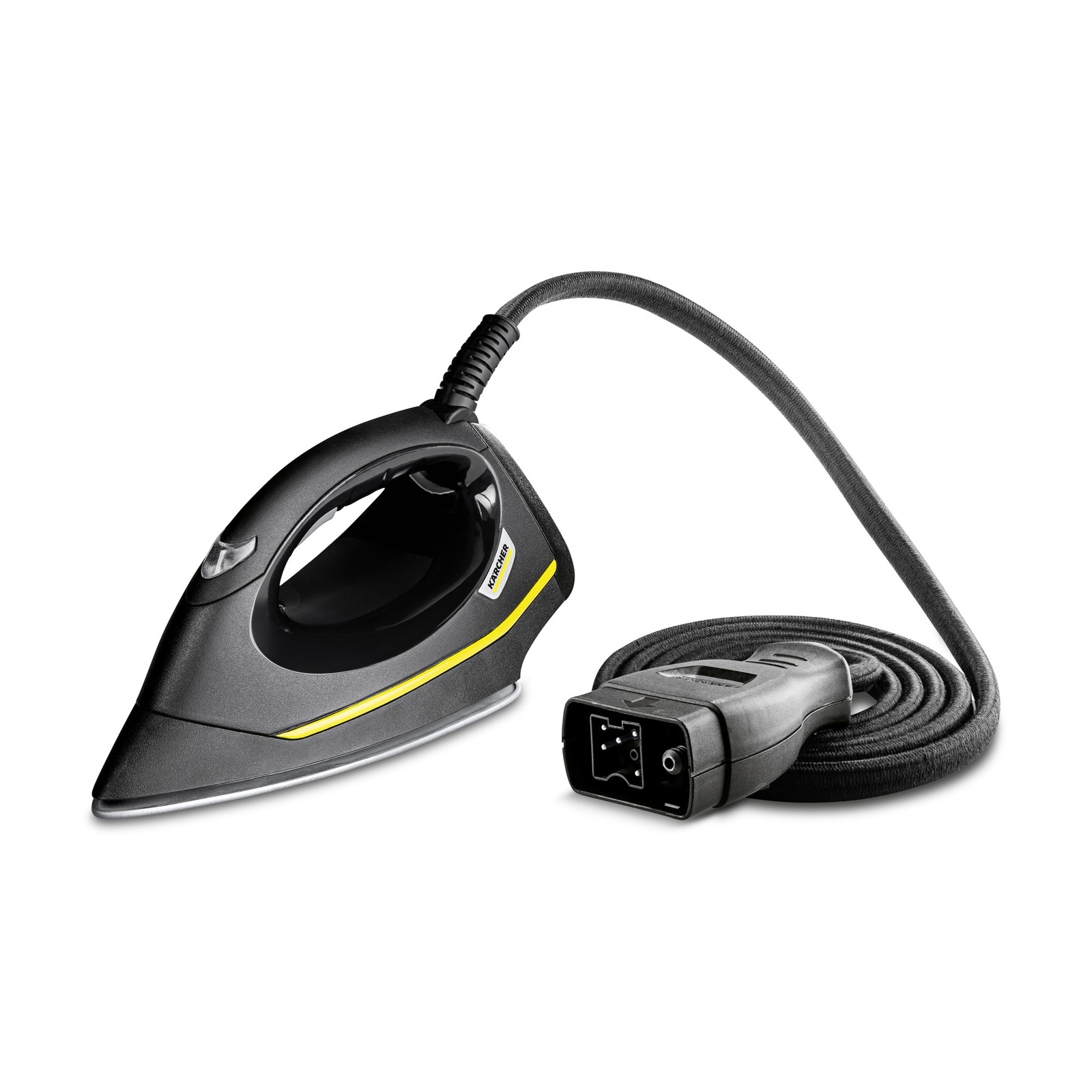 Kärcher steam iron with a black handle and cord, featuring a sleek design and visible logo.