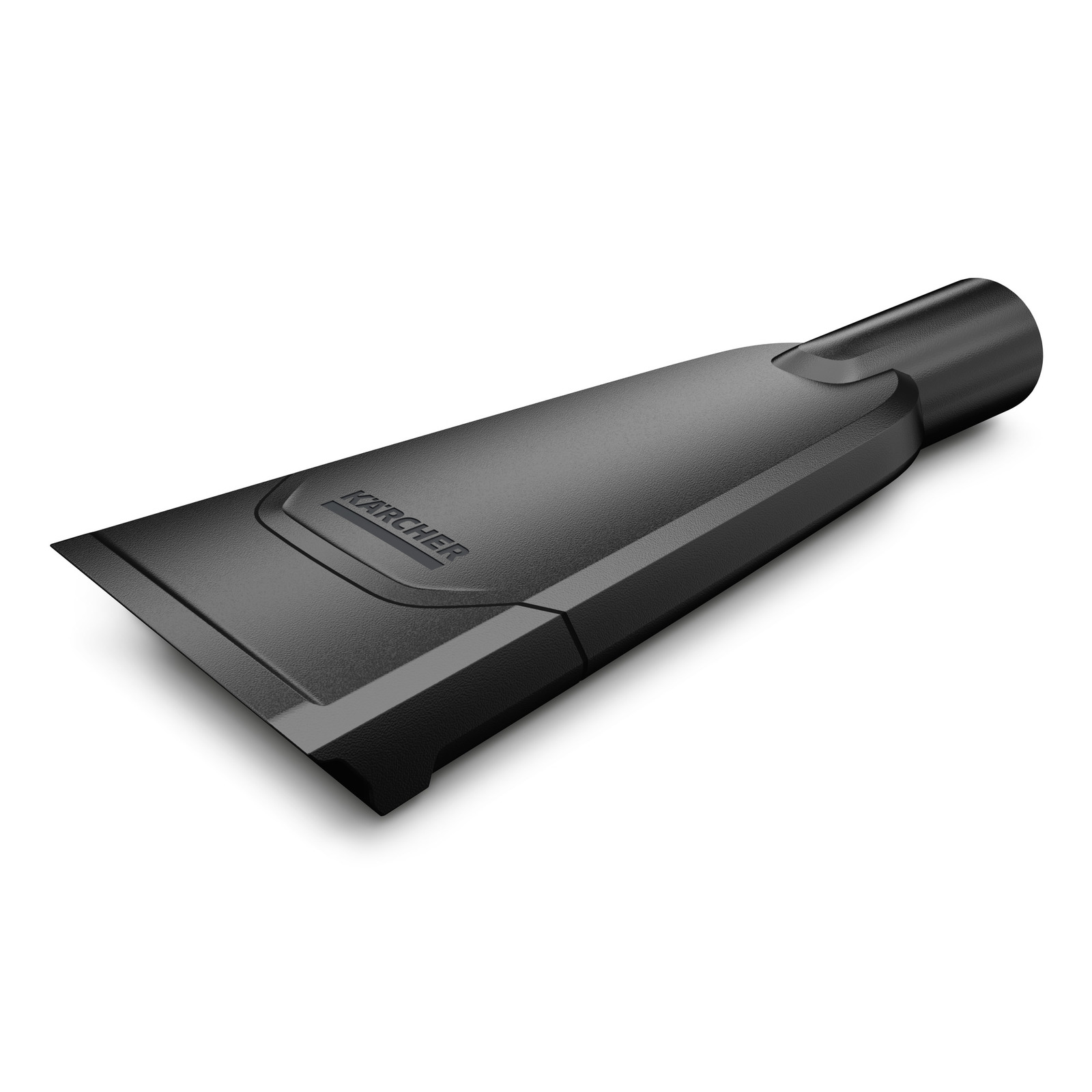 Black Kärcher vacuum cleaner nozzle attachment, angled view, showing brand logo on smooth surface. Black Kärcher vacuum cleaner nozzle attachment, angled view, showing brand logo on smooth surface.