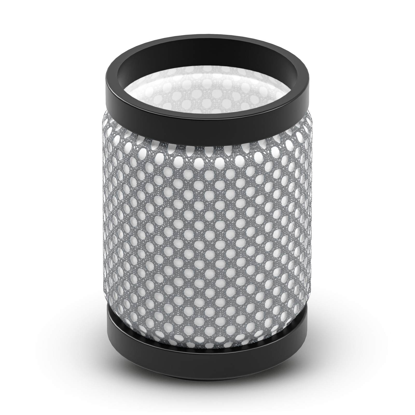 Filtru cilindric cu structură de plasă metalică și margini negre.
