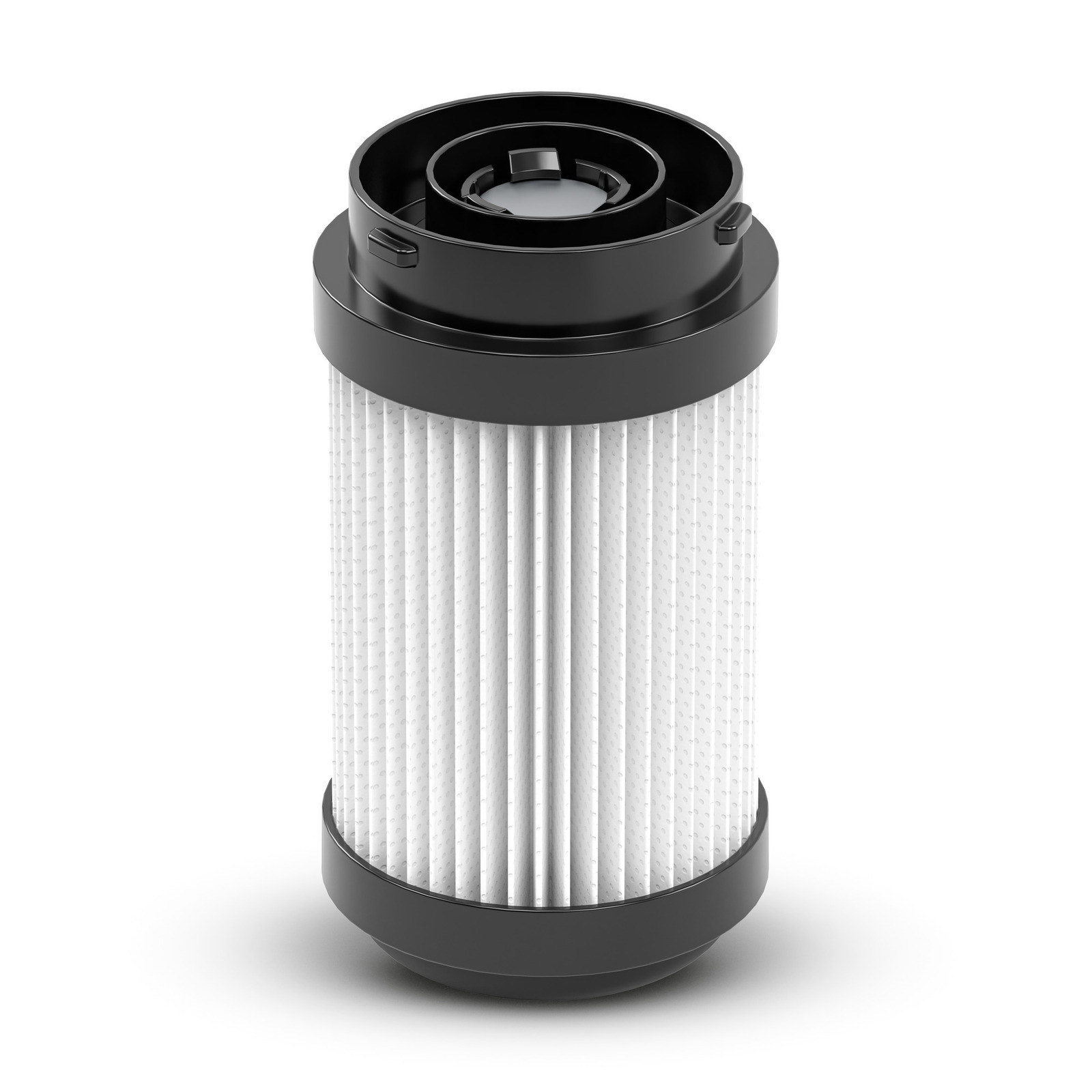 Cylindrical filter with white pleated surface and black top and bottom caps, isolated on white background.