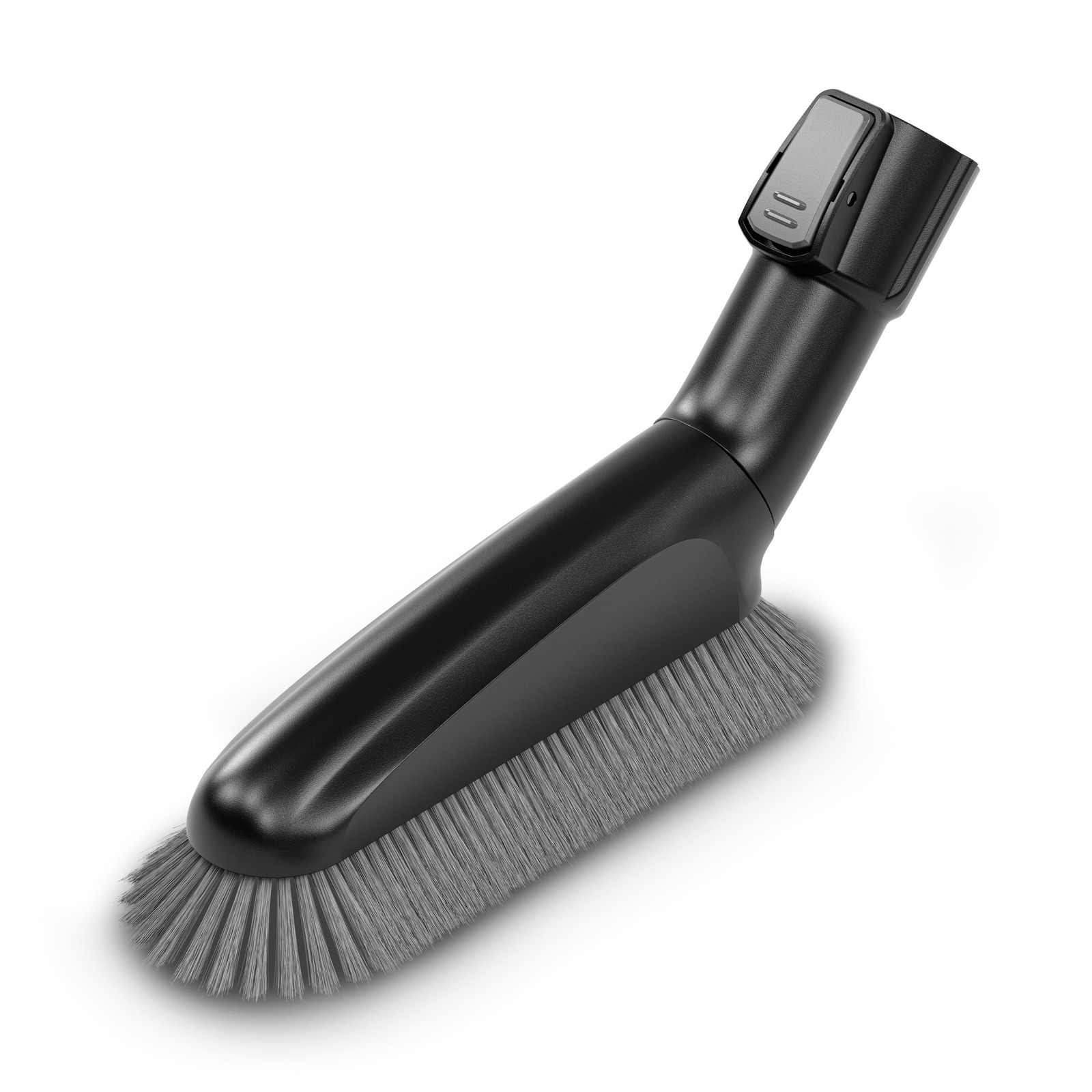 Black Kärcher brush attachment with grey bristles, angled view on a white background.