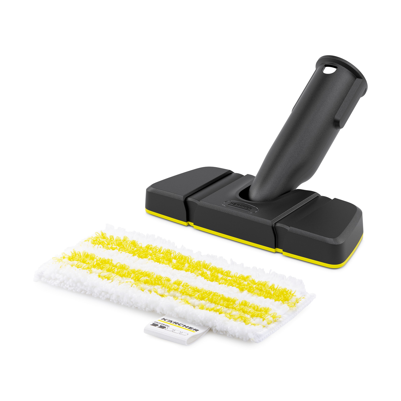 Kärcher floor nozzle with a black handle and a white cleaning pad featuring yellow stripes.