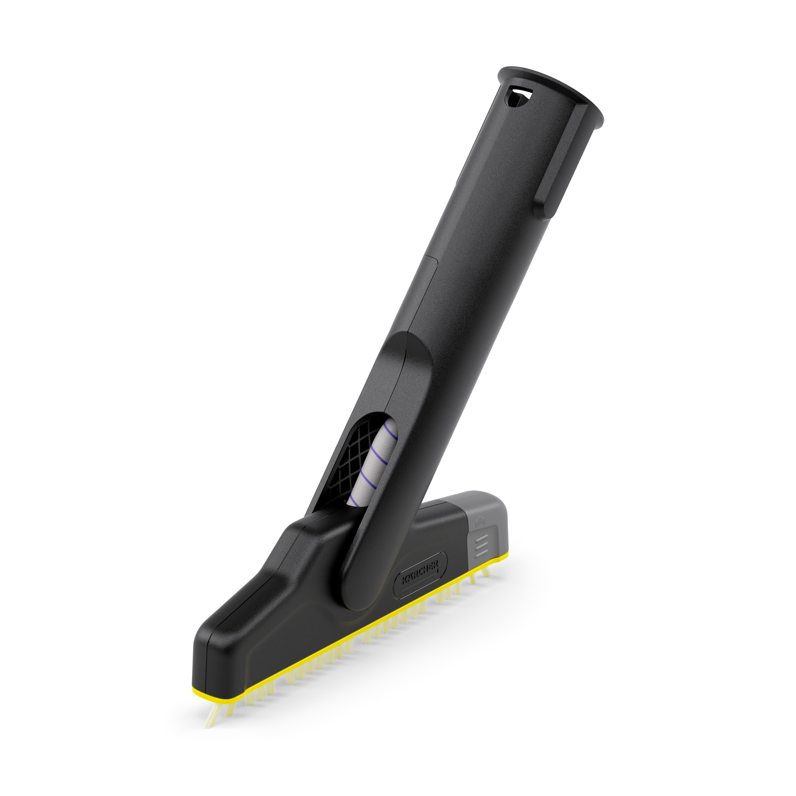 Kärcher steam cleaner accessory with a black handle and yellow bristle base, designed for efficient cleaning.