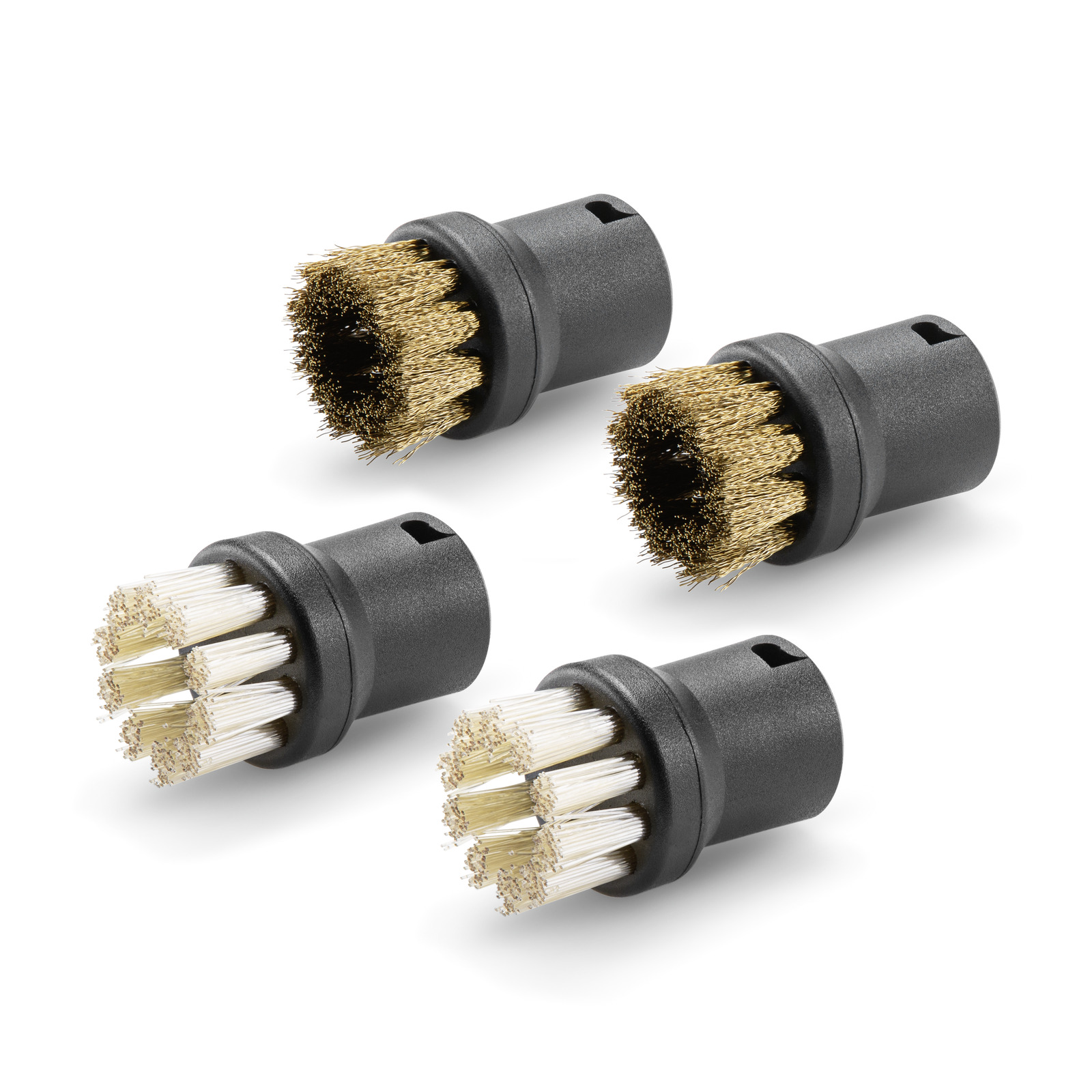 Four Kärcher round brush attachments with black bases and bristles in gold and white, arranged on a white background.