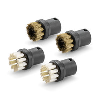 Four Kärcher round brush attachments with black bases and bristles in gold and white, arranged on a white background.