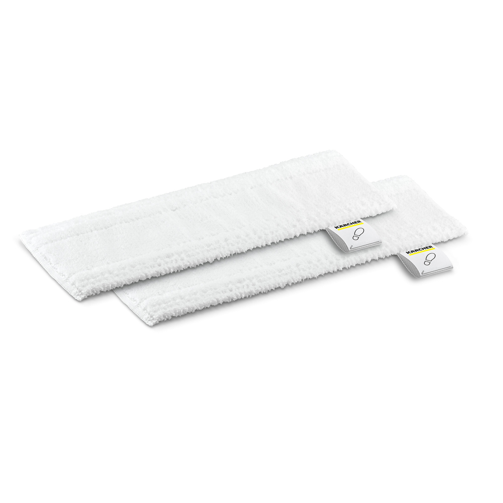 Two white Kärcher microfibre cloths with labels, placed on a plain white background.