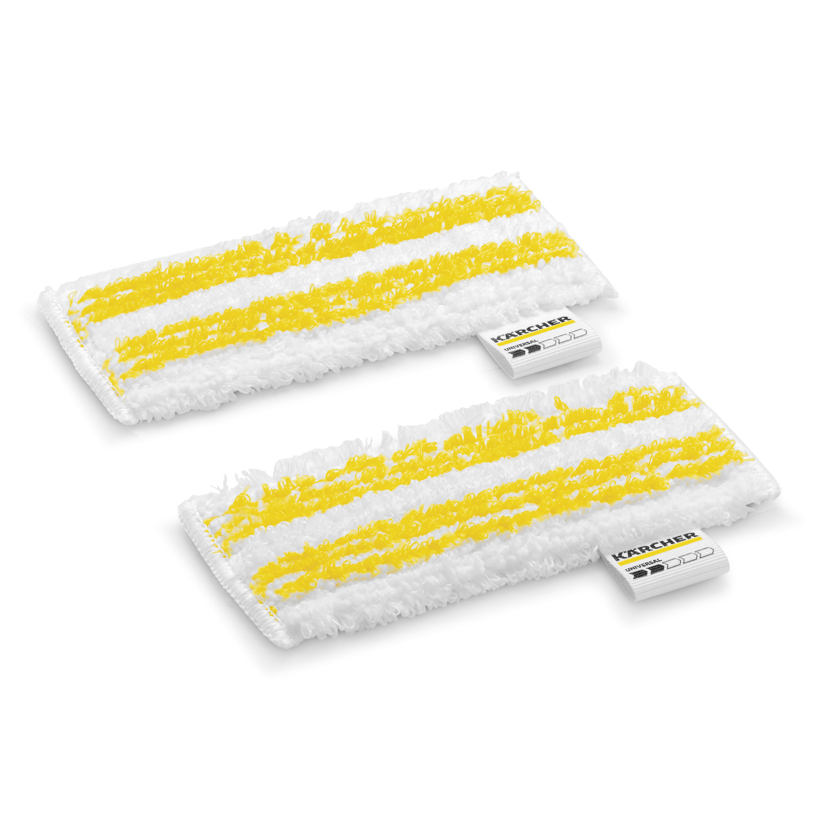 Two Kärcher microfibre cloths with yellow stripes on a white background, labelled with Kärcher tags.
