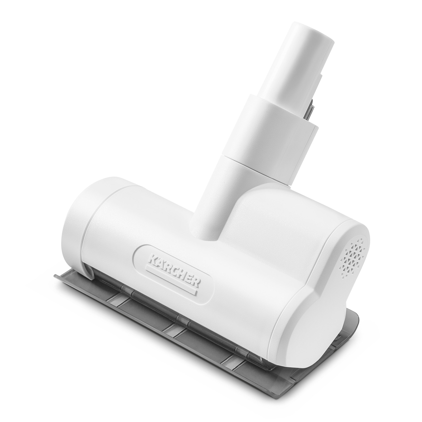 White Kärcher vacuum cleaner attachment with a sleek design, featuring a brush head and connection port. White Kärcher vacuum cleaner attachment with a sleek design, featuring a brush head and connection port.