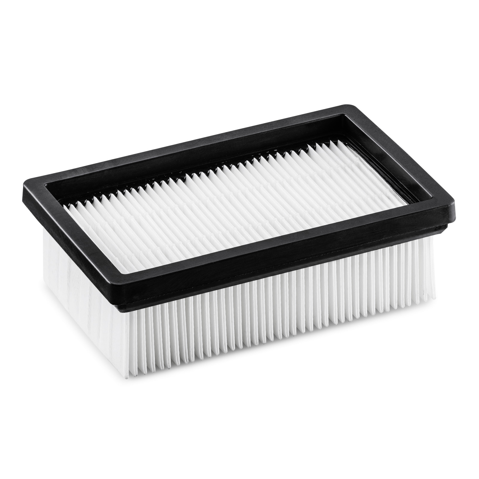 Rectangular air filter with white pleated paper and black frame, isolated on a white background. Rectangular air filter with white pleated paper and black frame, isolated on a white background.