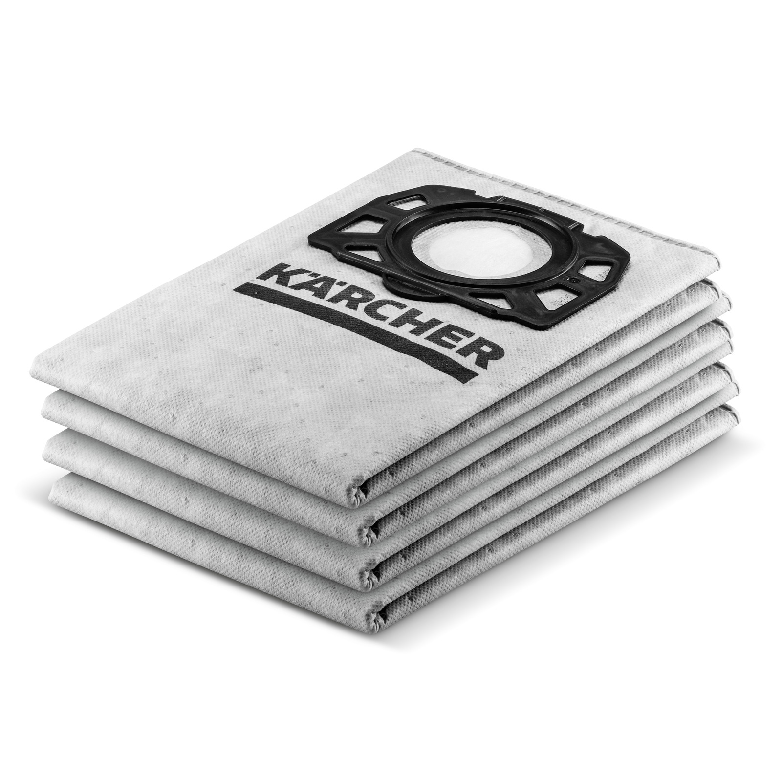 Stack of Kärcher vacuum cleaner bags with black plastic fittings on a white background. Stack of Kärcher vacuum cleaner bags with black plastic fittings on a white background.