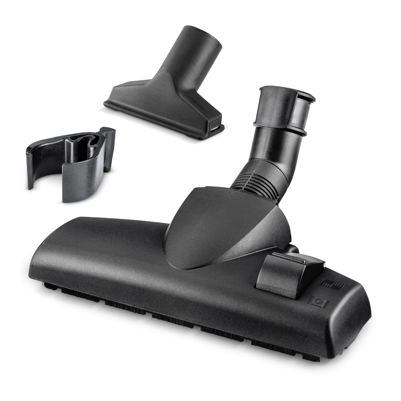Kärcher vacuum cleaner accessories including a floor nozzle, upholstery nozzle, and clip holder, all in black.