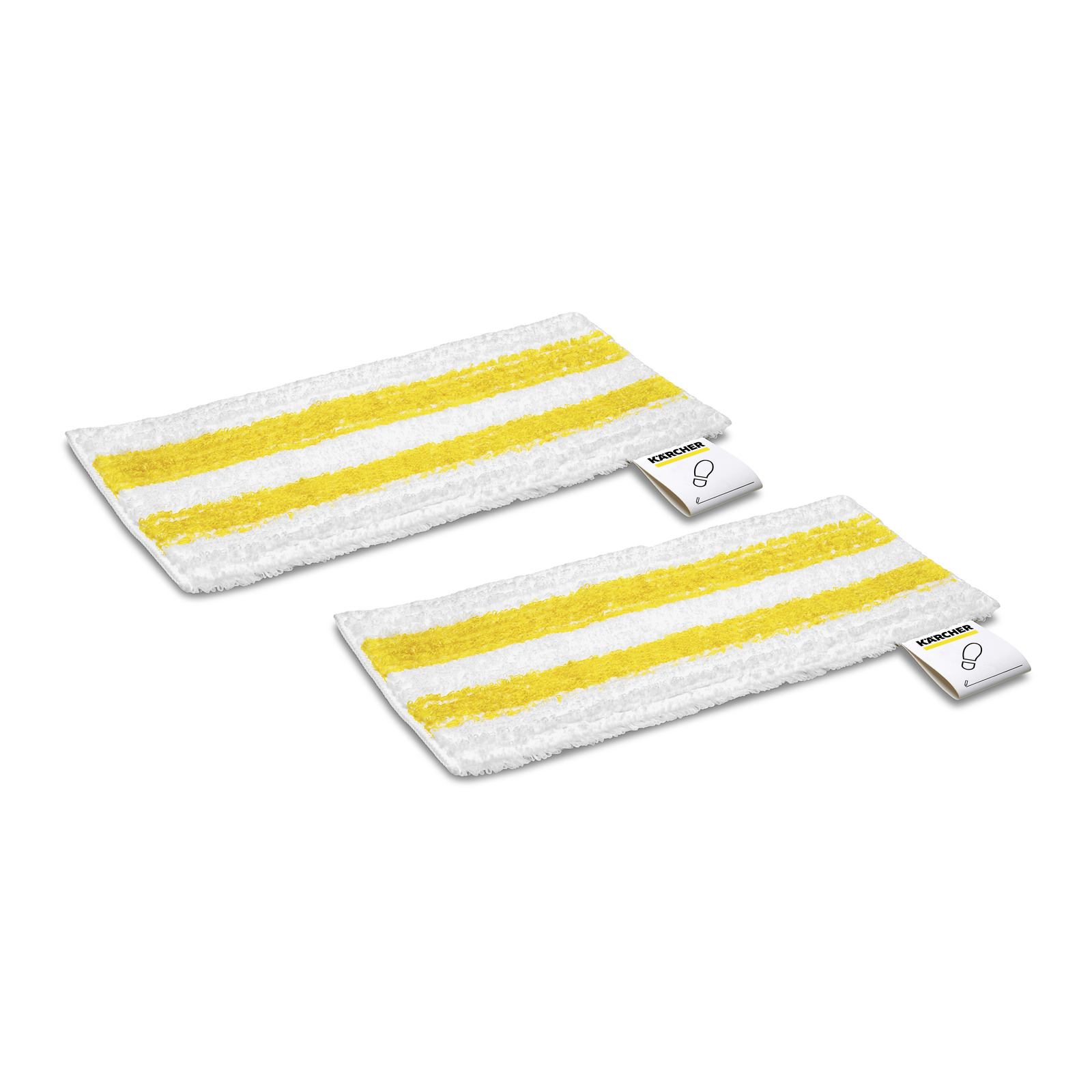 Two Kärcher microfibre cloths with yellow and white stripes, each featuring a Kärcher logo tag. Two Kärcher microfibre cloths with yellow and white stripes, each featuring a Kärcher logo tag.