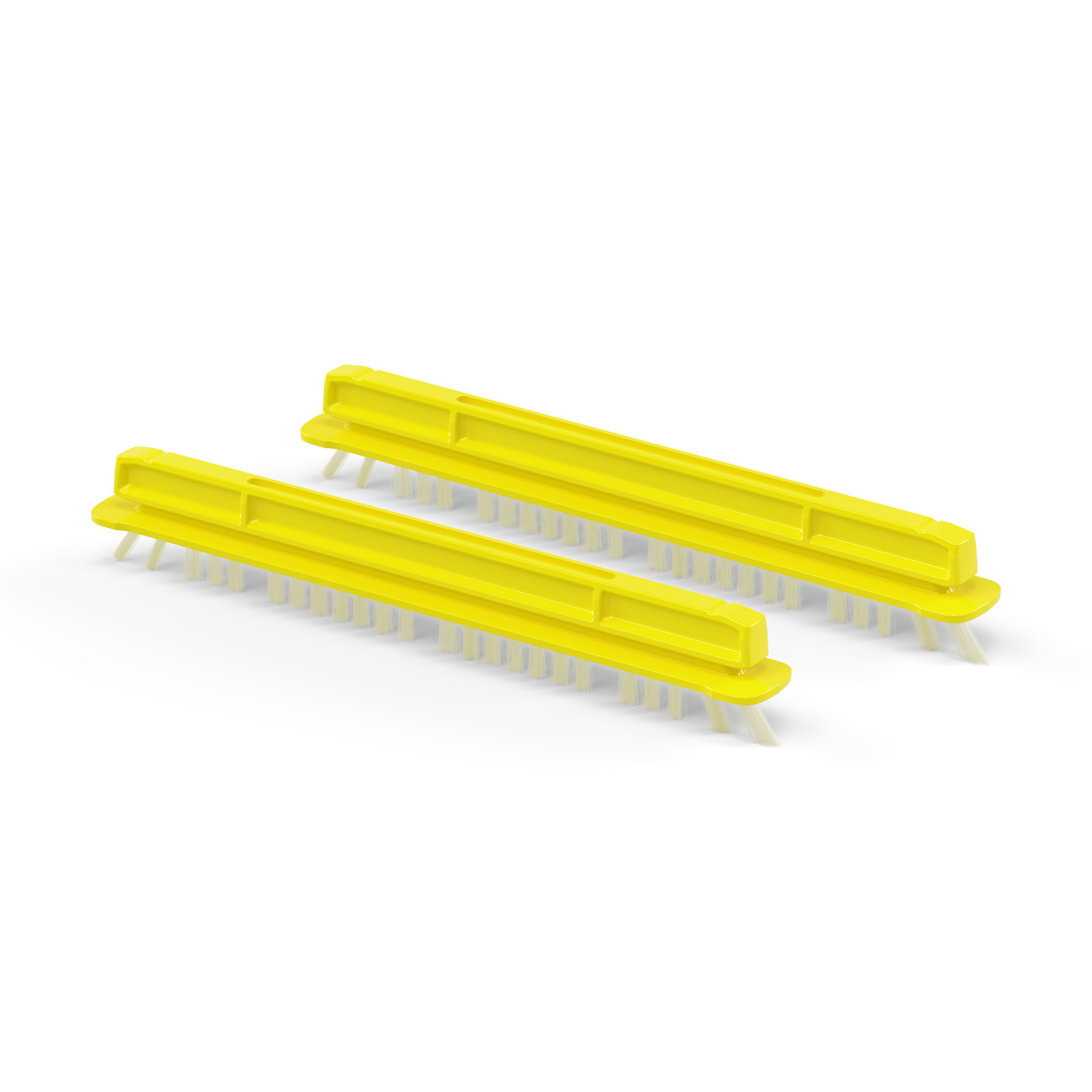 Two yellow Kärcher brush attachments with white bristles, positioned diagonally on a white background.