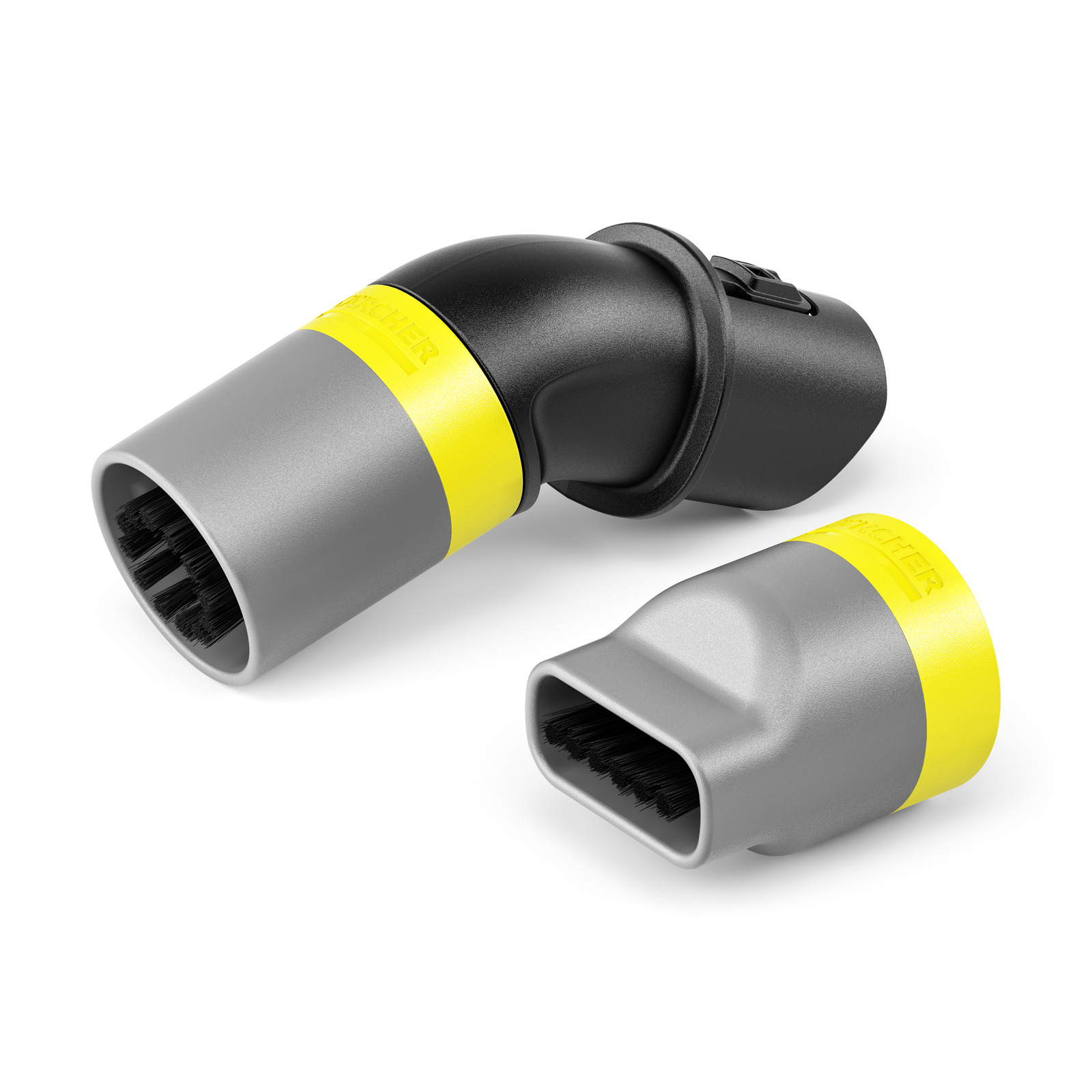 Two Kärcher vacuum cleaner nozzles, one curved and one flat, with grey and yellow accents, on a white background. Two Kärcher vacuum cleaner nozzles, one curved and one flat, with grey and yellow accents, on a white background.