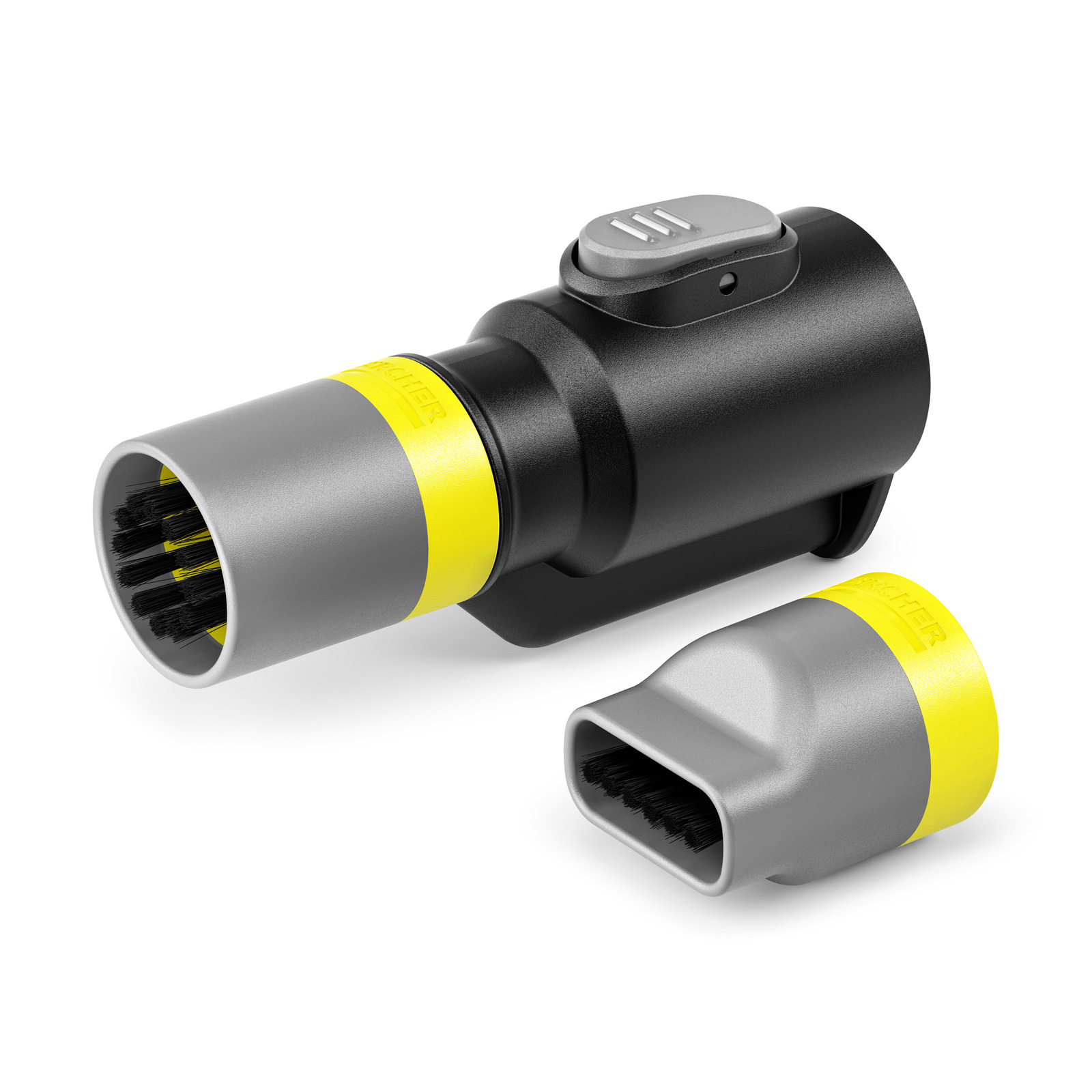 Black and grey Kärcher vacuum cleaner attachment with yellow accents, featuring two interchangeable heads. Black and grey Kärcher vacuum cleaner attachment with yellow accents, featuring two interchangeable heads.