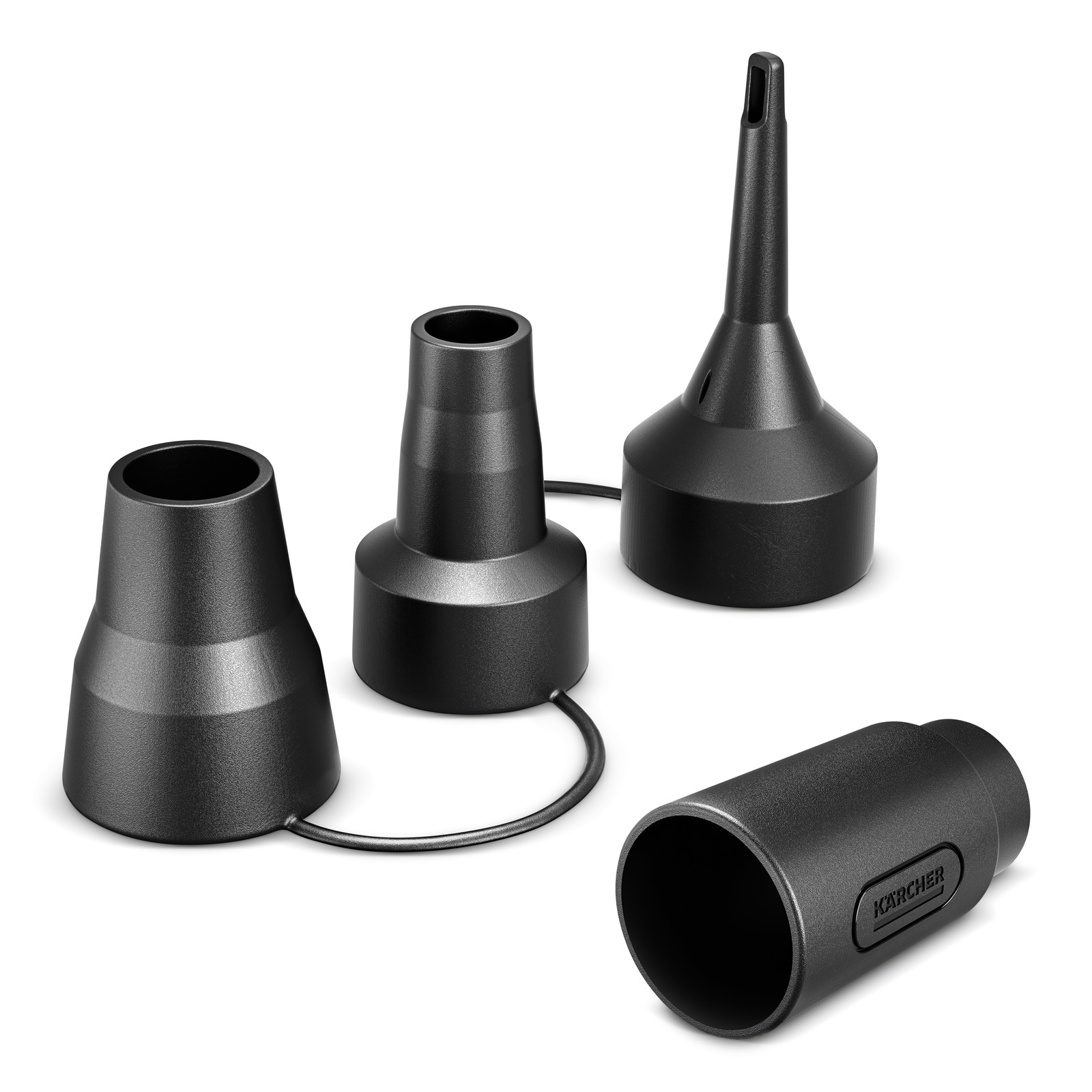 Four black Kärcher nozzle attachments, one connected by a cable, on a white background. Four black Kärcher nozzle attachments, one connected by a cable, on a white background.