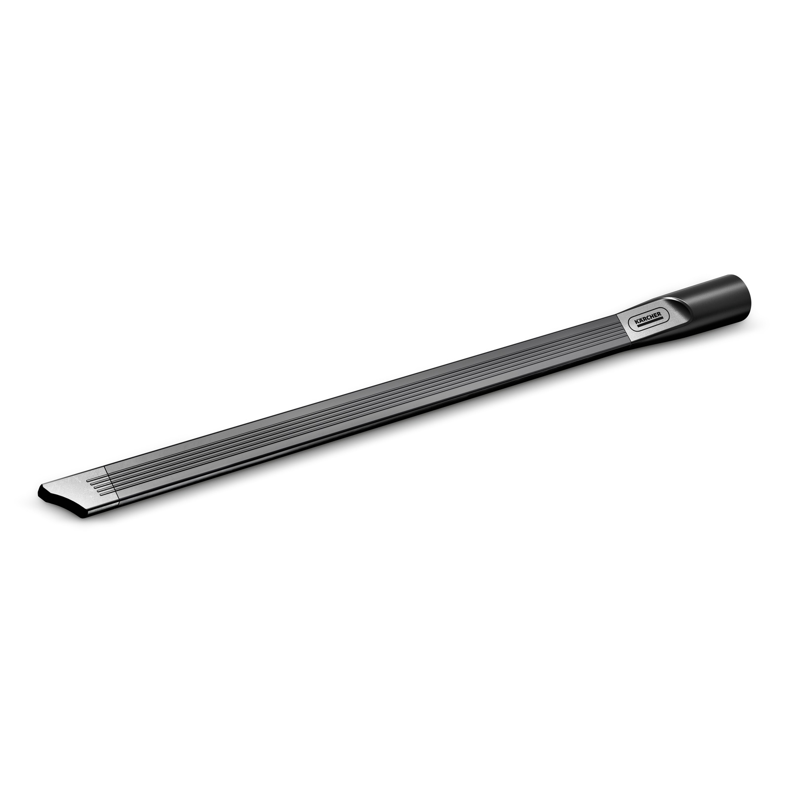 Kärcher crevice nozzle attachment, long and narrow, with a ribbed design and branded logo, on a white background. Kärcher crevice nozzle attachment, long and narrow, with a ribbed design and branded logo, on a white background.