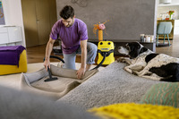 Man cleaning a dog bed with a Kärcher vacuum cleaner indoors, while a black and white dog watches from a nearby sofa.
