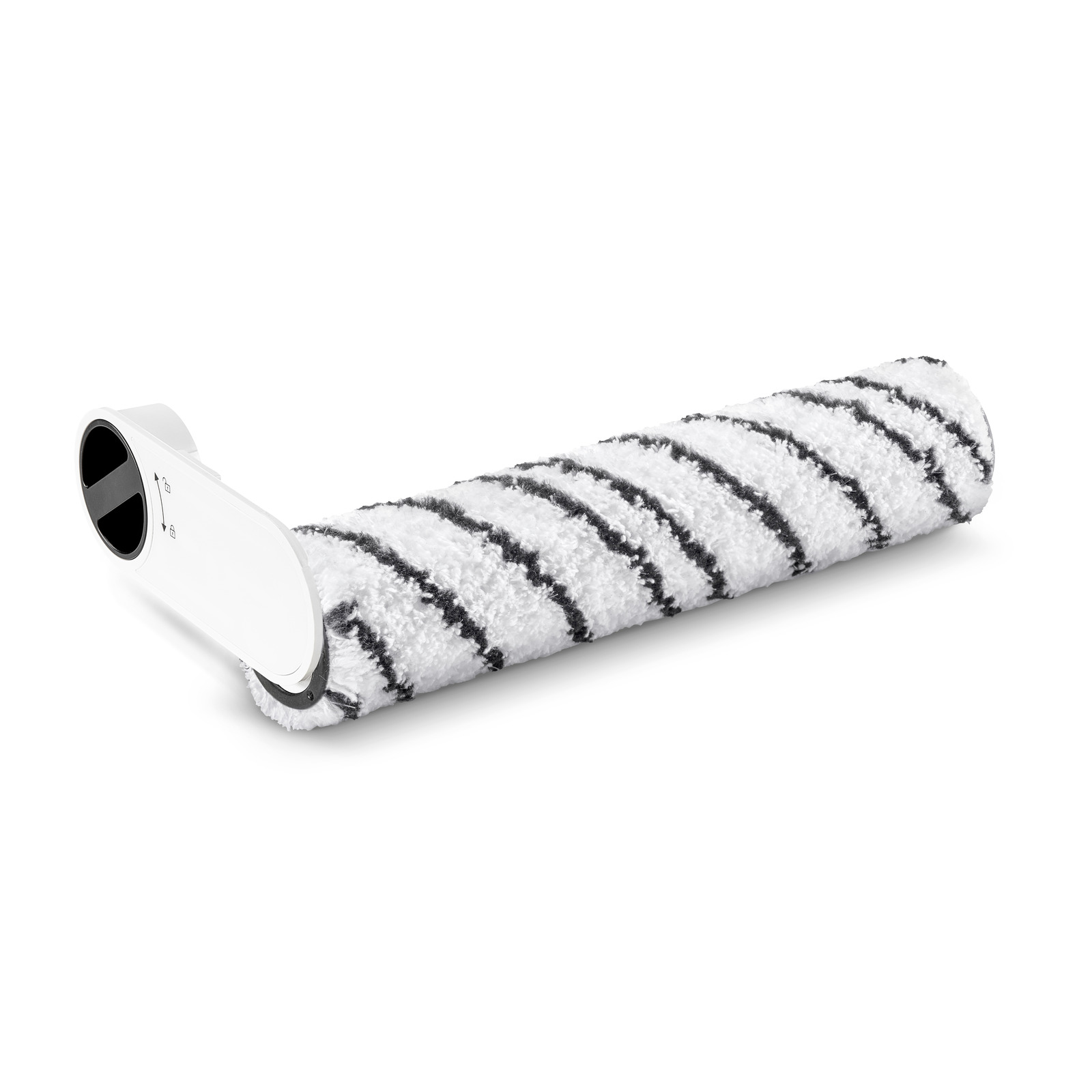 White Kärcher roller brush with black stripes, angled view, isolated on a white background. White Kärcher roller brush with black stripes, angled view, isolated on a white background.