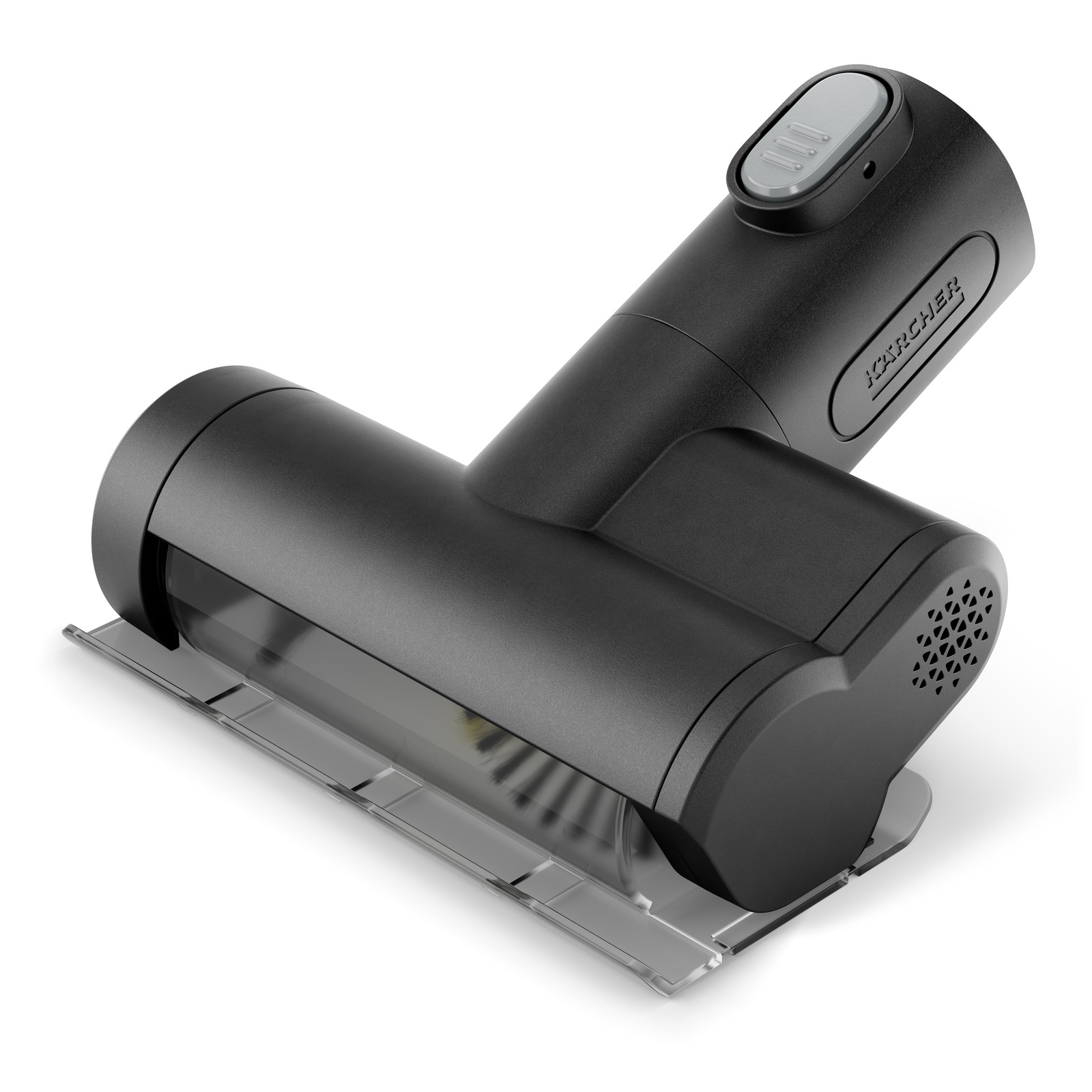 Black Kärcher window vac with a sleek design, featuring a transparent blade and ergonomic handle, set against a white background.