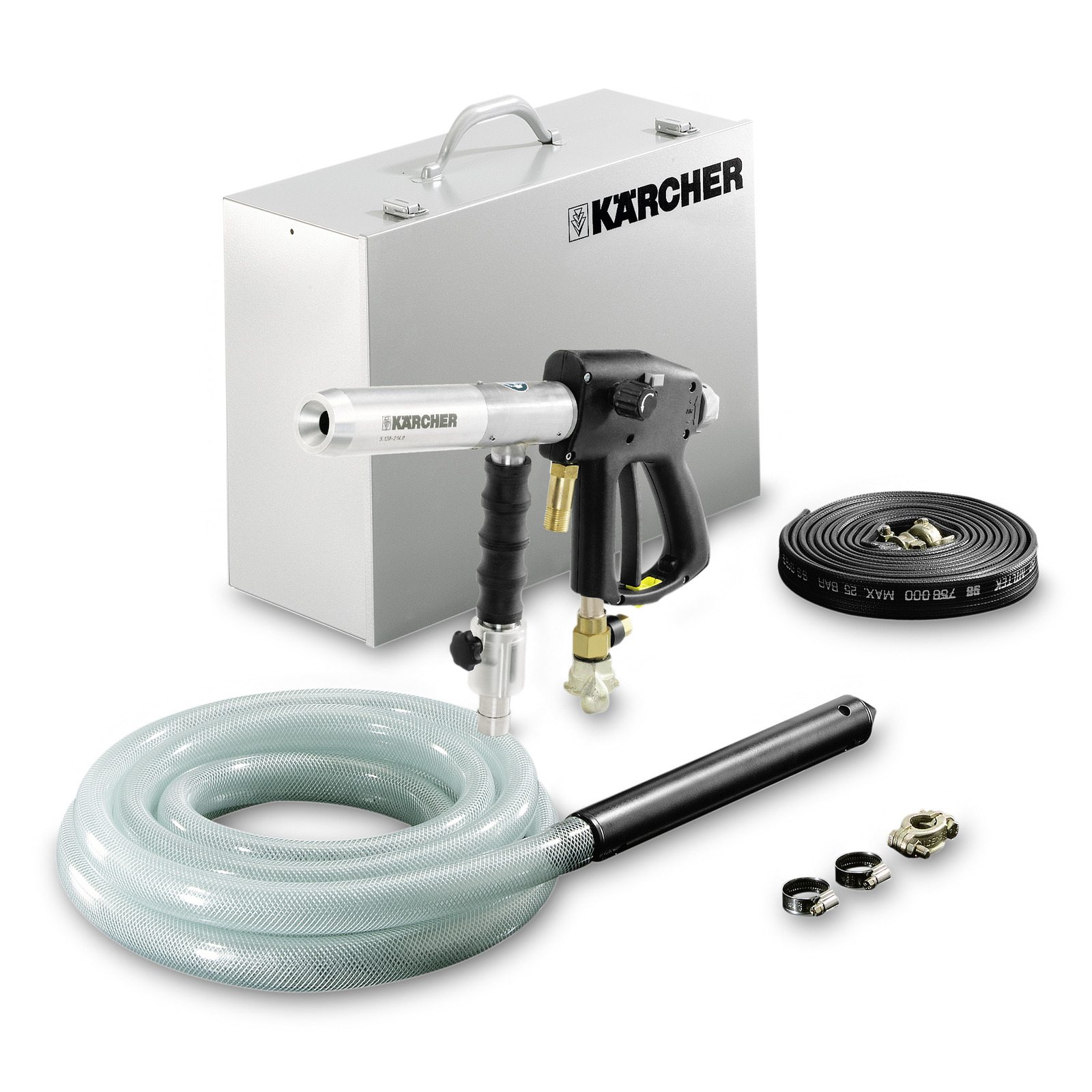 Kärcher high-pressure cleaner kit with hose, gun, metal case, and accessories on a white background. Kärcher high-pressure cleaner kit with hose, gun, metal case, and accessories on a white background.