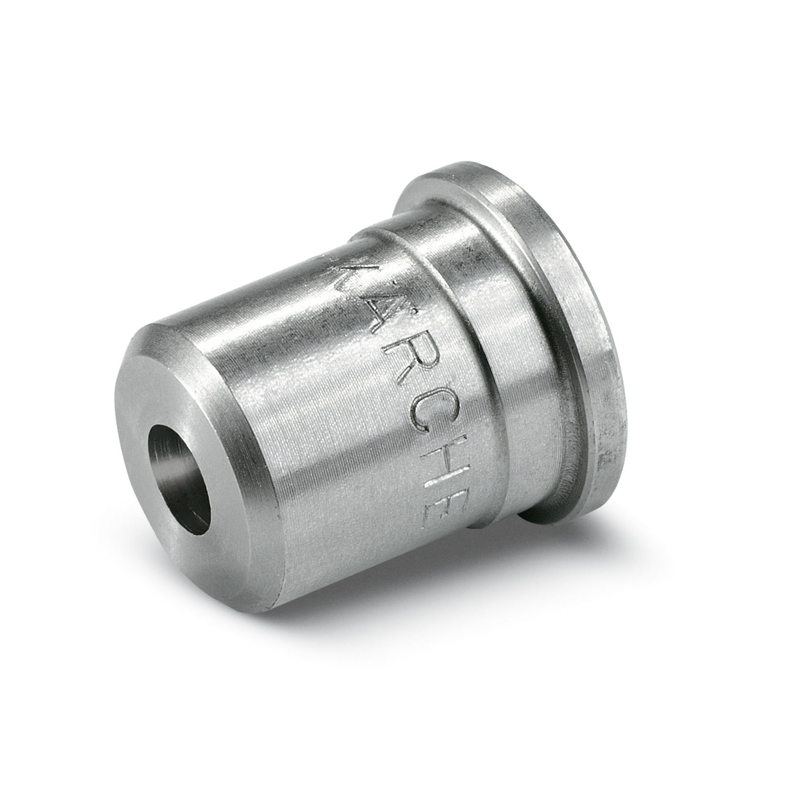 Silver Kärcher nozzle with engraved logo, cylindrical shape, hole at one end, isolated on white background. Silver Kärcher nozzle with engraved logo, cylindrical shape, hole at one end, isolated on white background.