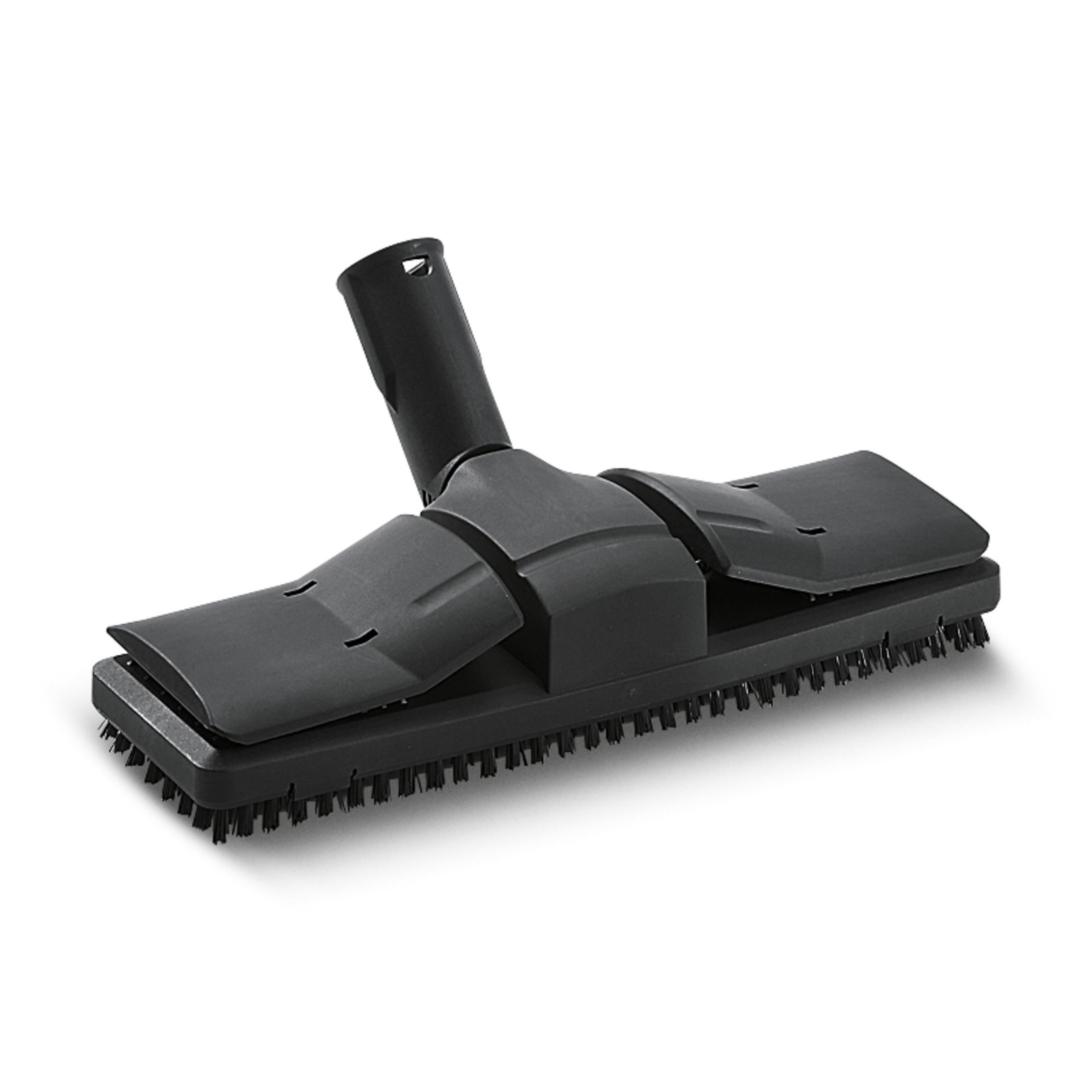 Black Kärcher vacuum cleaner brush attachment with bristles, angled view on a white background. Black Kärcher vacuum cleaner brush attachment with bristles, angled view on a white background.