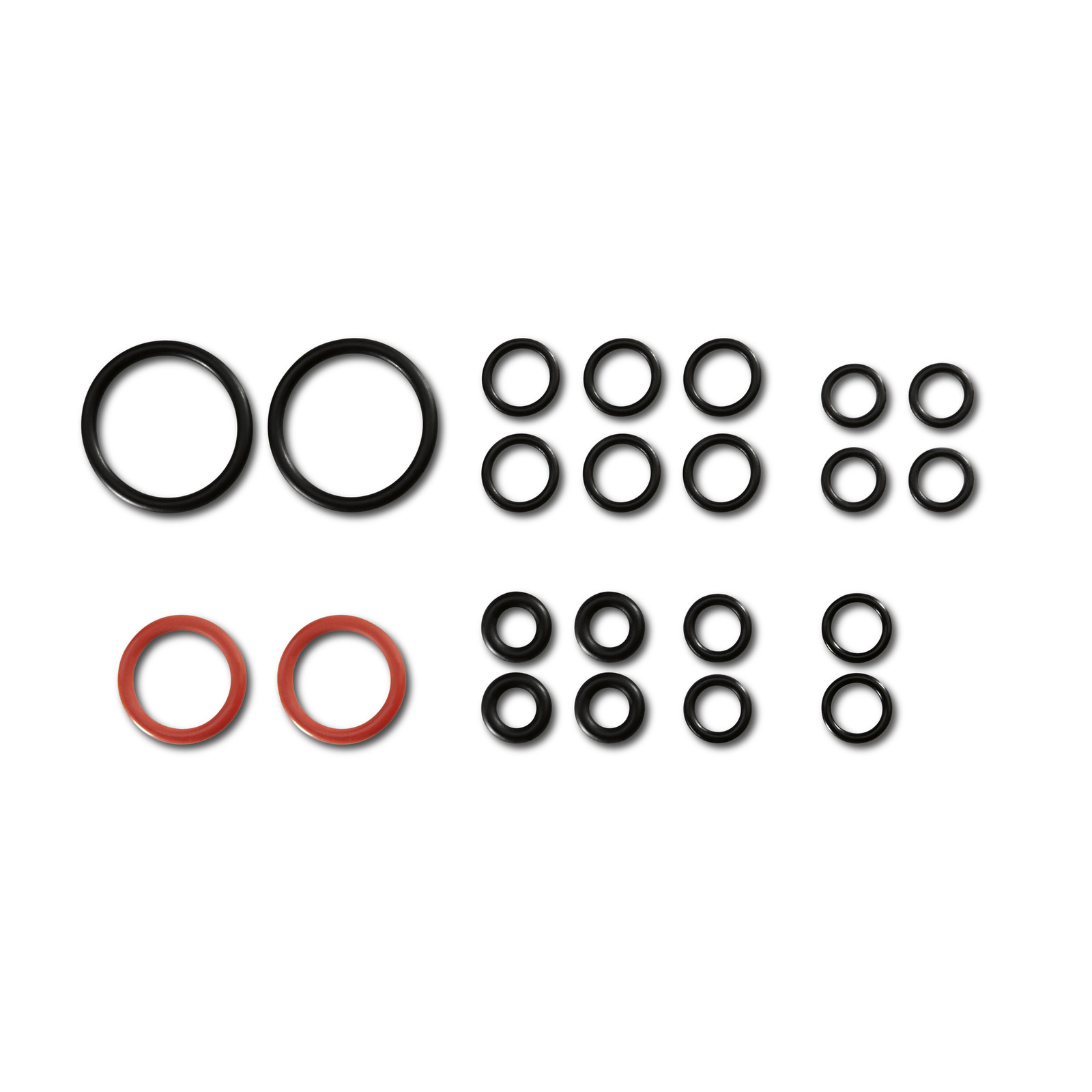 Assorted black and red O-rings arranged in rows on a white background.
