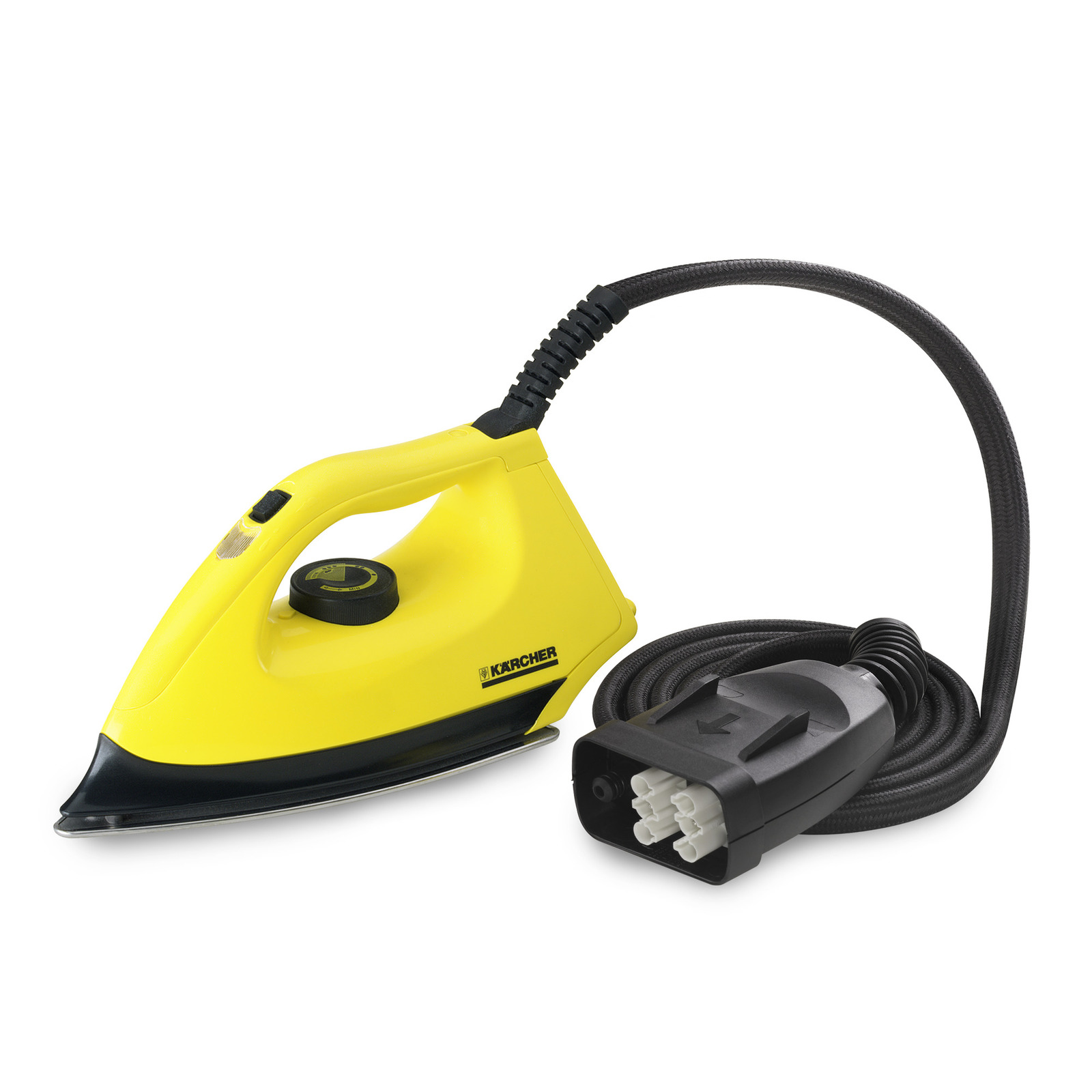 Yellow Kärcher steam iron with black soleplate and coiled power cord, set against a white background. Yellow Kärcher steam iron with black soleplate and coiled power cord, set against a white background.