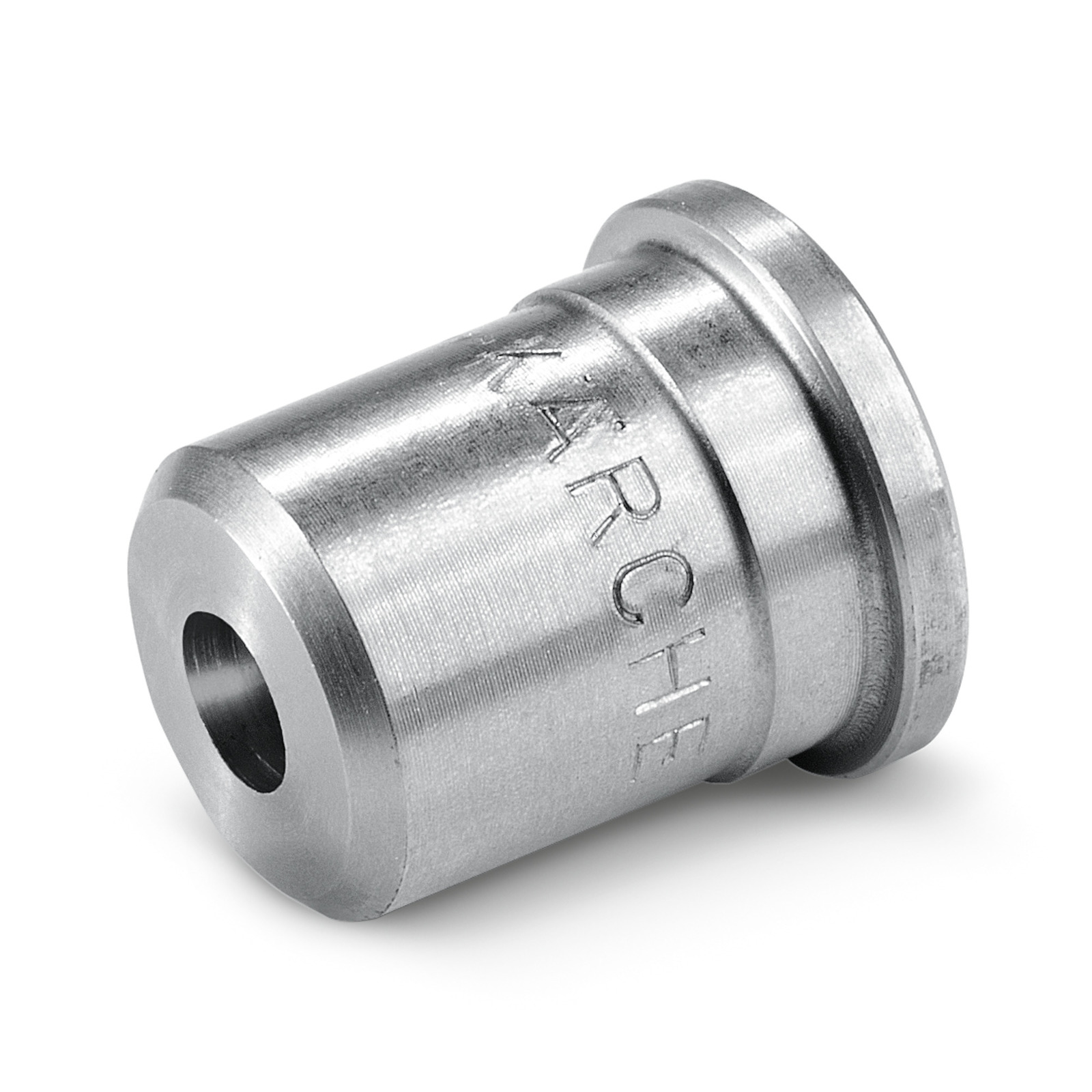 Silver Kärcher nozzle with engraved logo, cylindrical shape, isolated on white background. Silver Kärcher nozzle with engraved logo, cylindrical shape, isolated on white background.