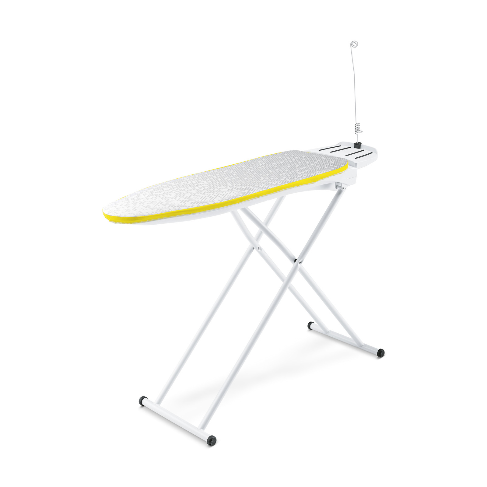 White ironing board with a silver cover and yellow trim, featuring a built-in holder for an iron.