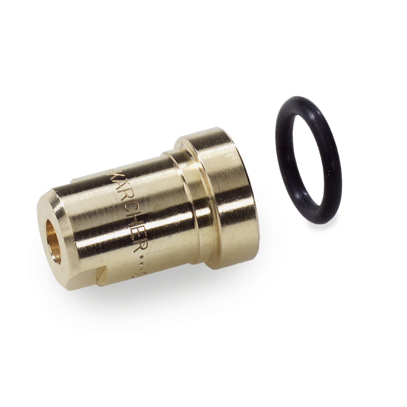 Brass Kärcher nozzle with engraved logo, accompanied by a black rubber O-ring, on a white background.