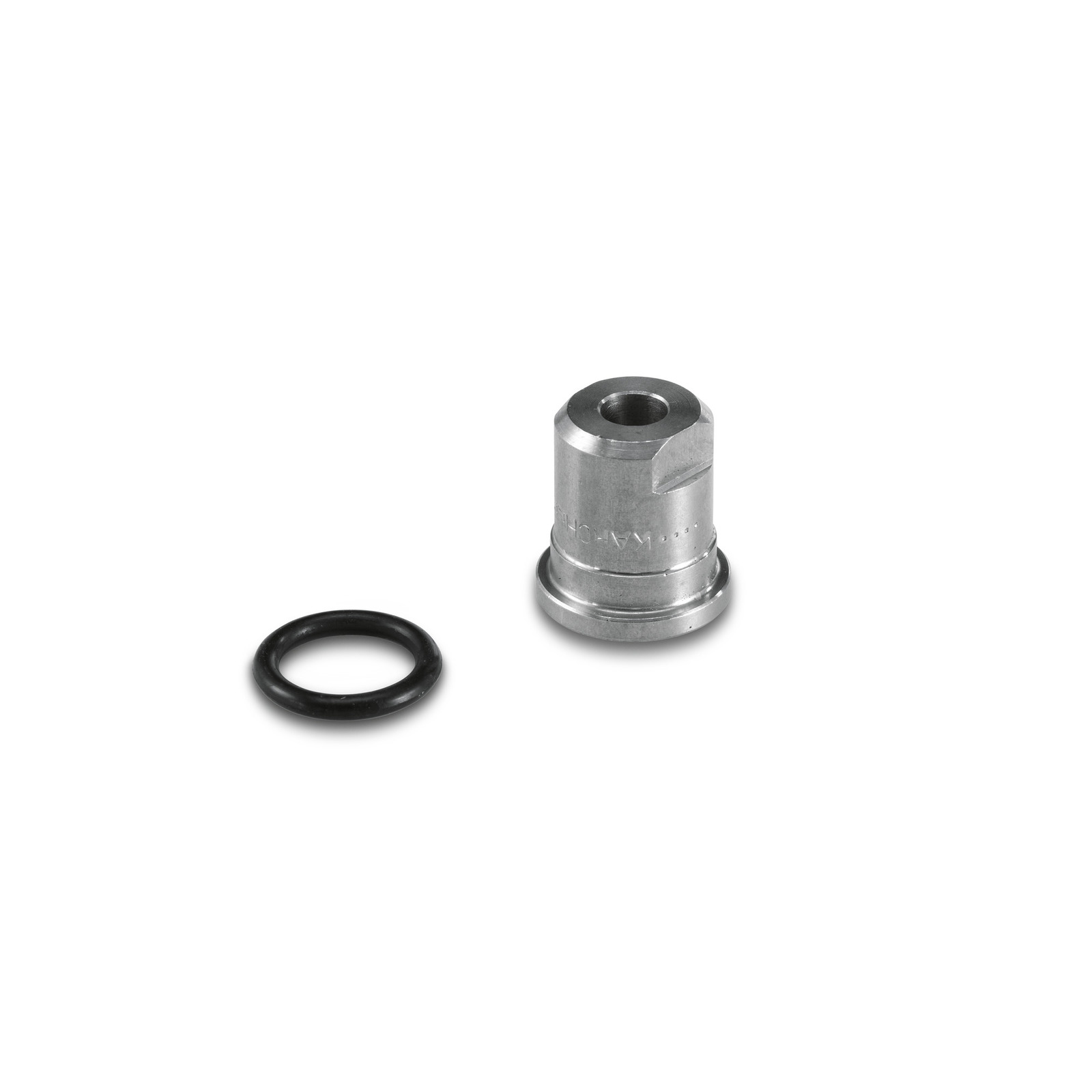 Metal nozzle with engraved text and a black rubber O-ring on a white background. Metal nozzle with engraved text and a black rubber O-ring on a white background.