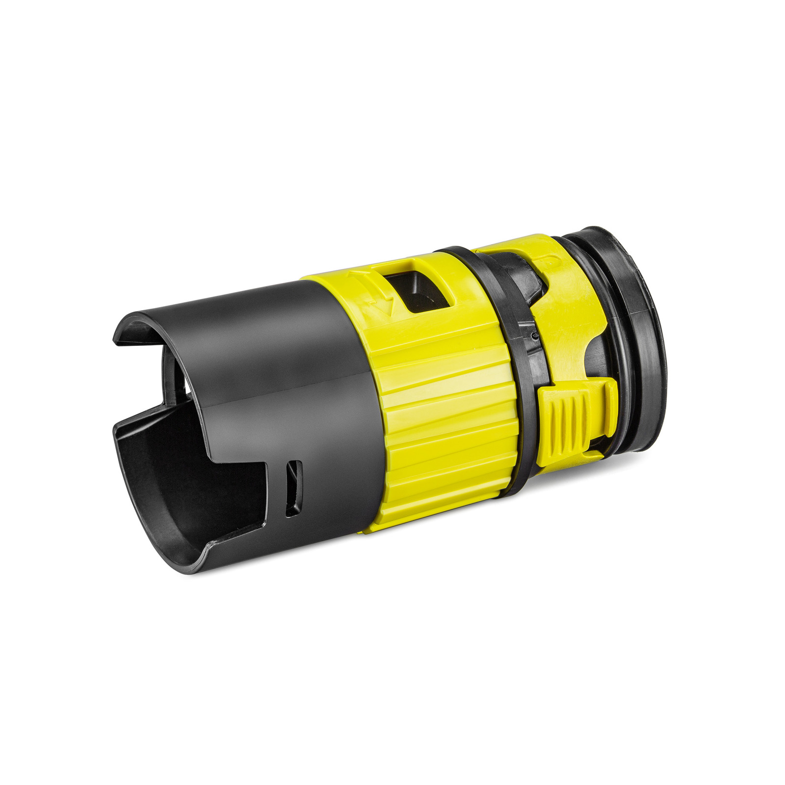 Yellow and black Kärcher accessory part with cylindrical shape and ridged design, featuring slots and clips. Yellow and black Kärcher accessory part with cylindrical shape and ridged design, featuring slots and clips.