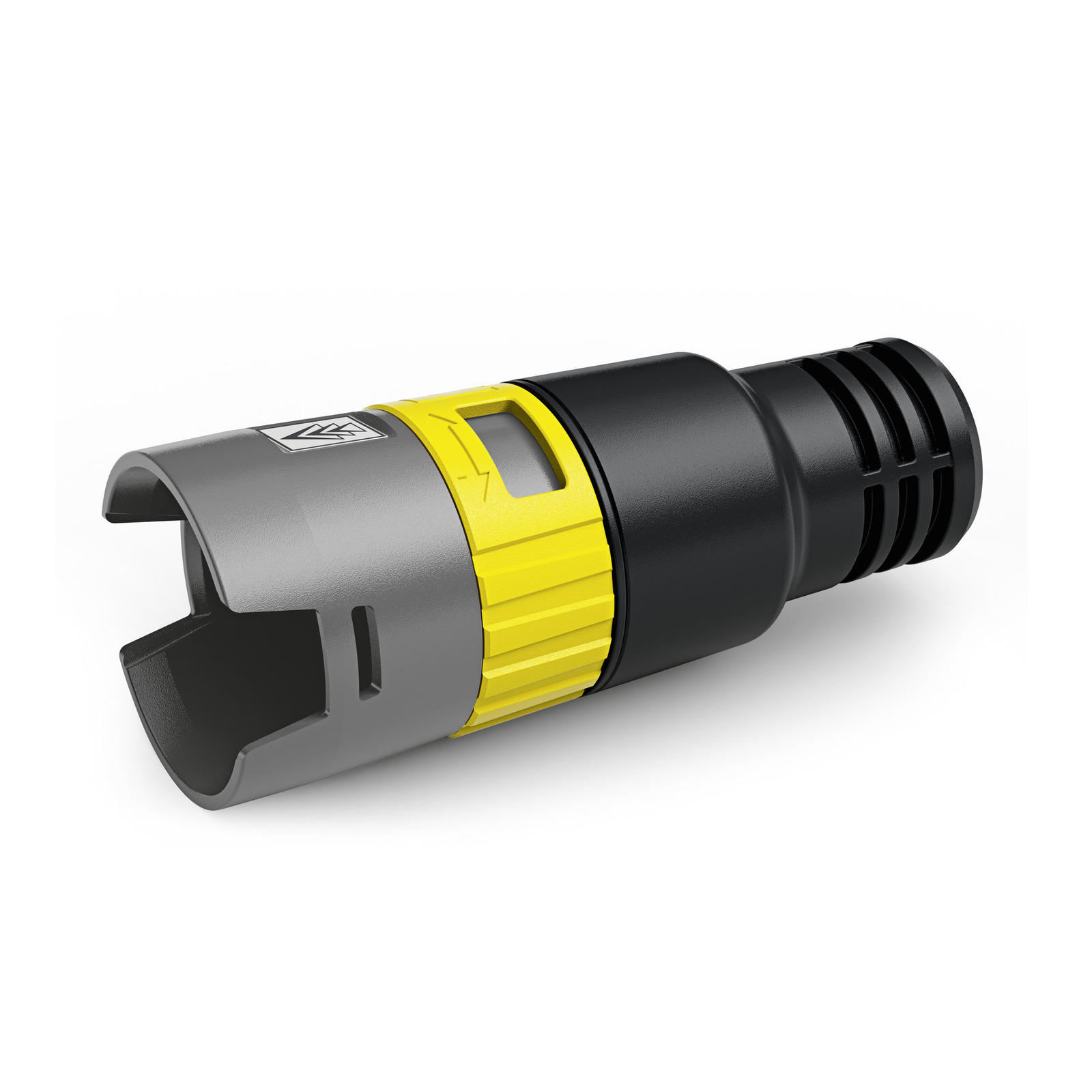 Kärcher hose connector with grey, yellow, and black segments, featuring a grip and locking mechanism.