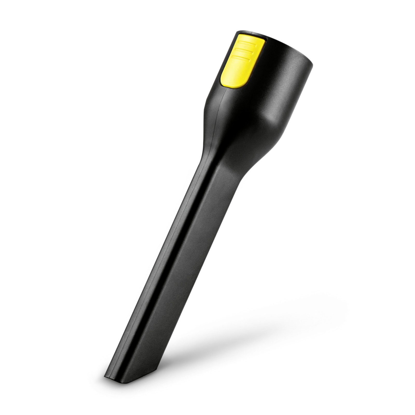 Black Kärcher crevice nozzle with a yellow button, angled against a white background. Black Kärcher crevice nozzle with a yellow button, angled against a white background.