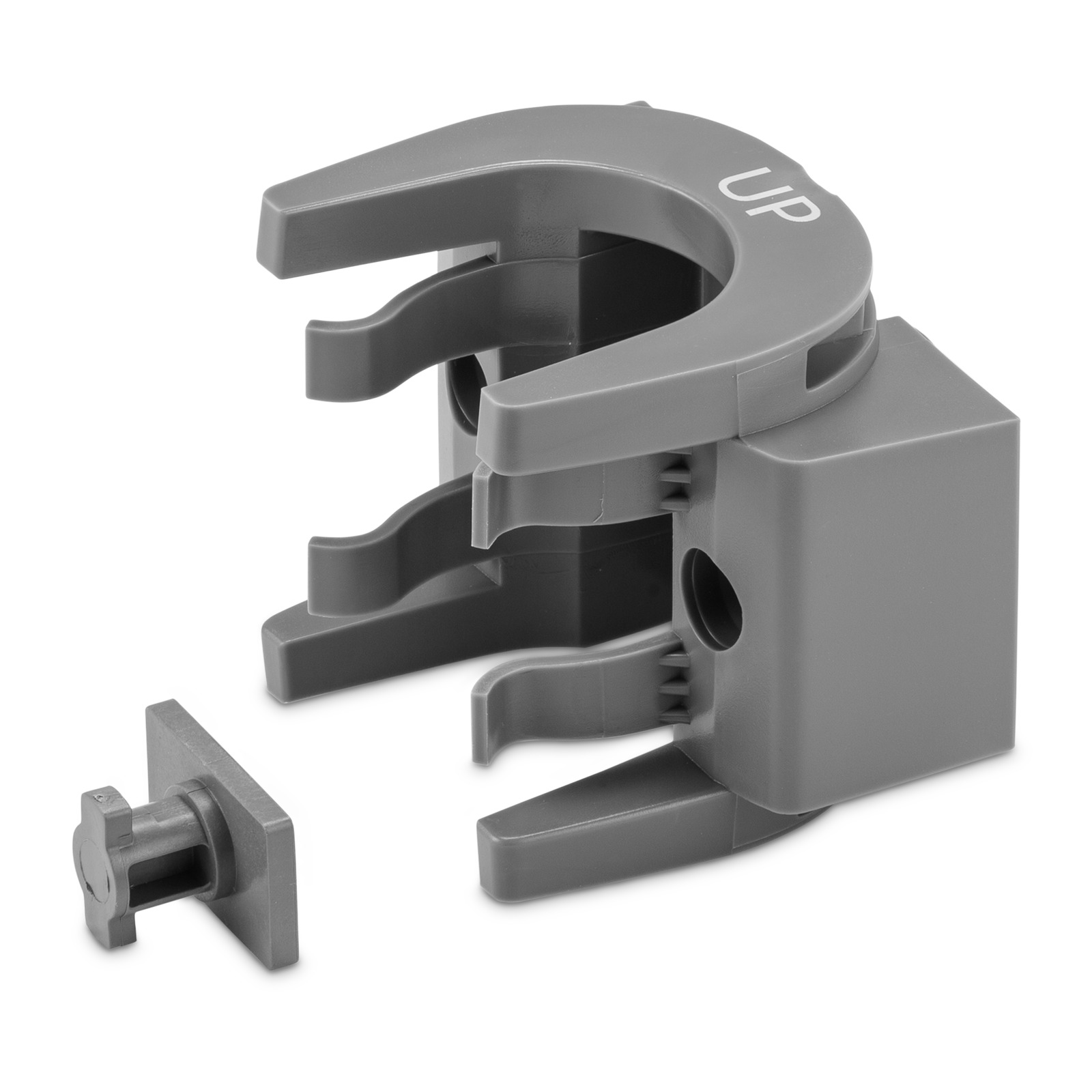 Grey plastic mounting clip with 'UP' embossed on its curved top, alongside a smaller detached plastic component, on a white background.