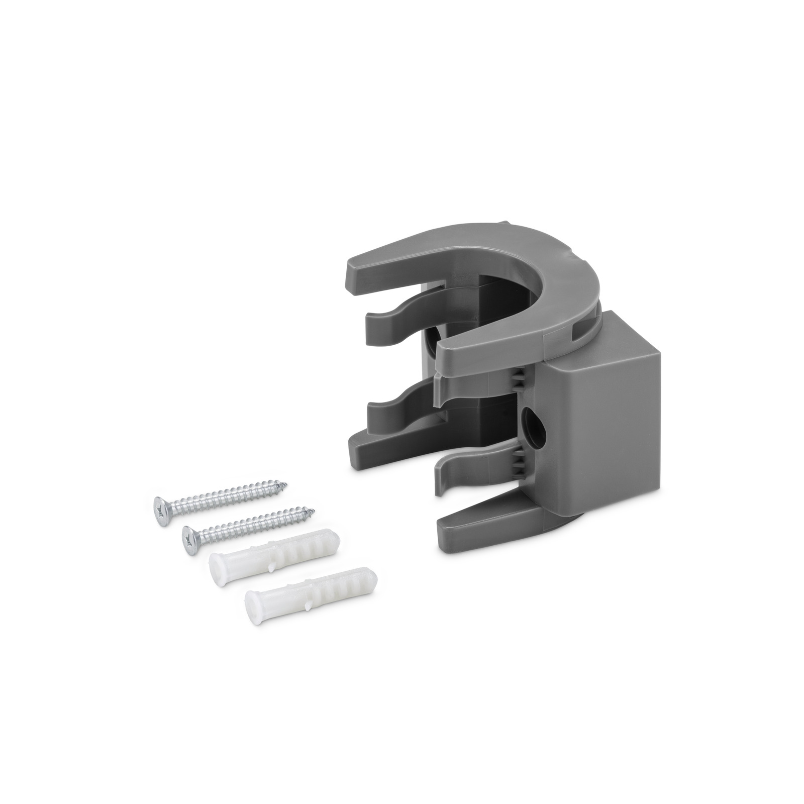 Grey wall mount bracket with screws and wall plugs, designed for holding cylindrical objects.