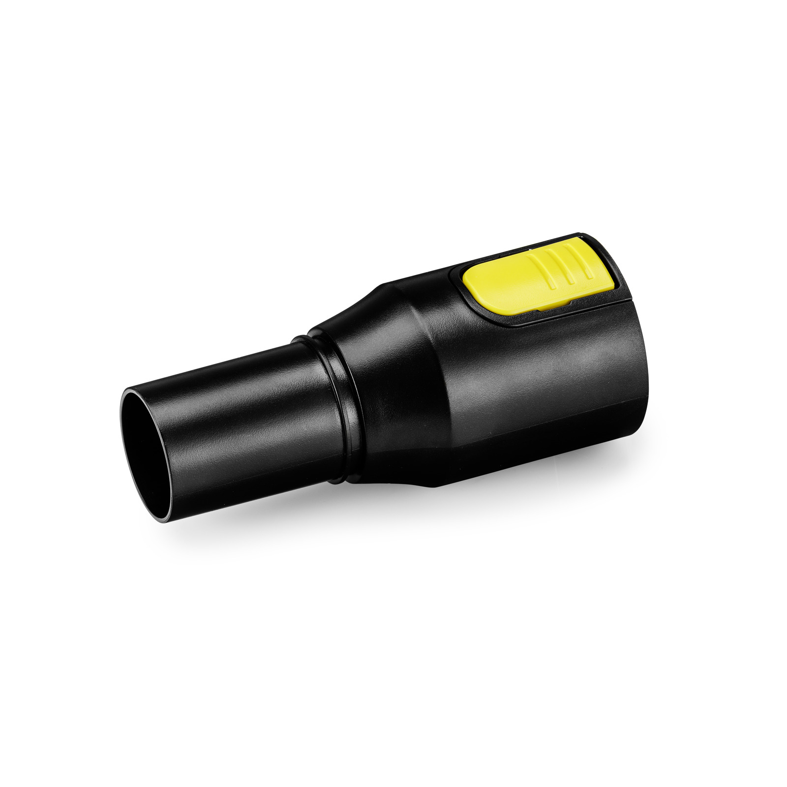 Kärcher black hose adapter with a yellow locking mechanism on a white background.