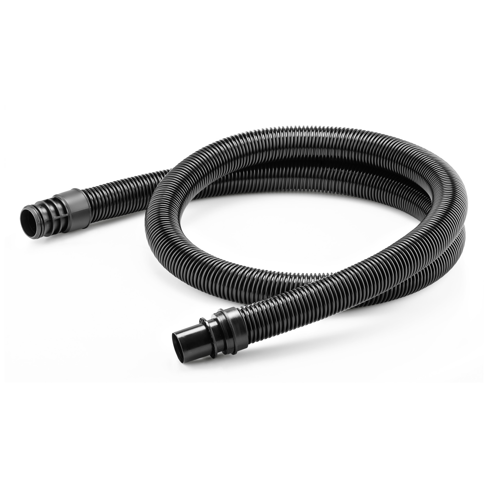 Black corrugated hose with connectors on both ends, coiled on a white background.