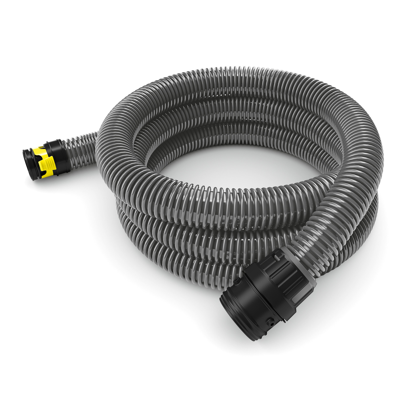 Coiled grey Kärcher suction hose with black and yellow connectors on a white background.