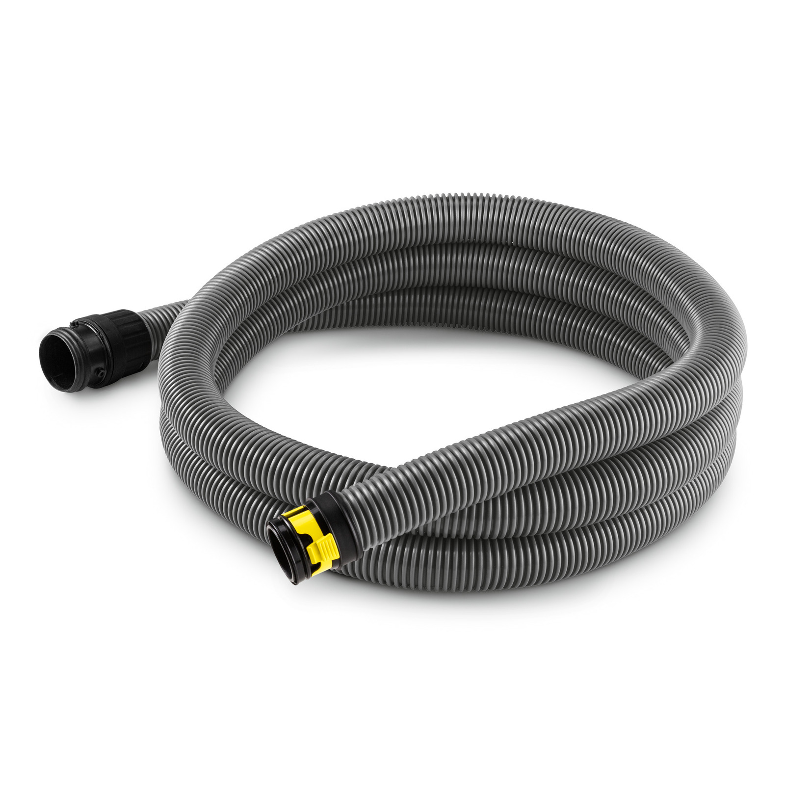 Coiled grey Kärcher suction hose with black and yellow connectors on a white background. Coiled grey Kärcher suction hose with black and yellow connectors on a white background.