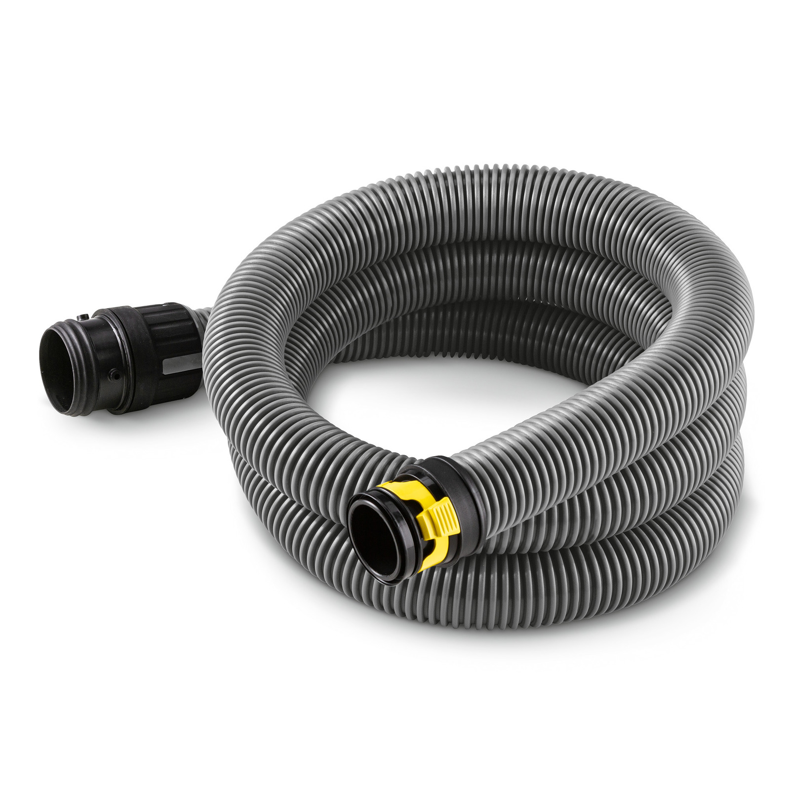Grey Kärcher suction hose coiled neatly, featuring black and yellow connectors at each end, set against a plain white background.