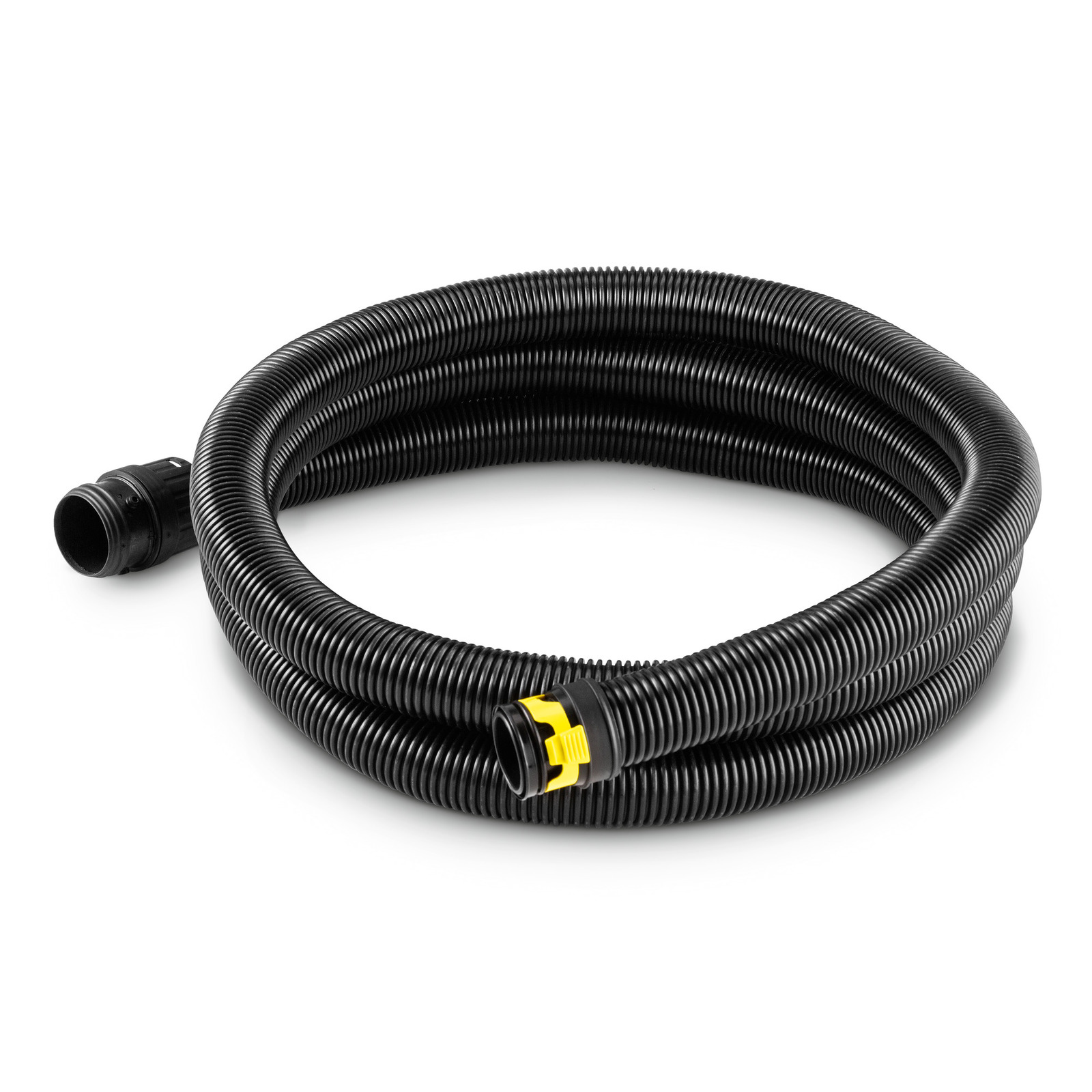Coiled black Kärcher suction hose with yellow connector on a white background. Coiled black Kärcher suction hose with yellow connector on a white background.