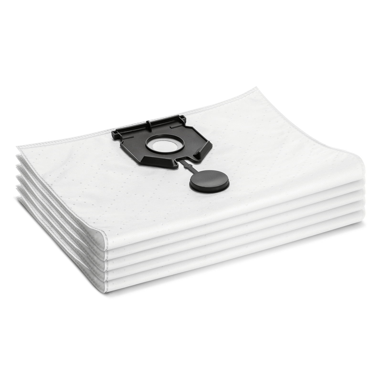 Stack of white vacuum cleaner bags with black plastic connectors on a white background.