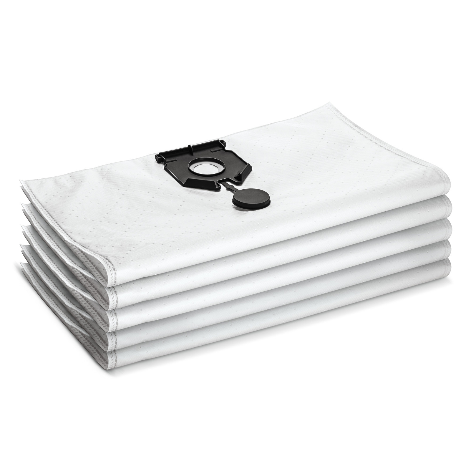 Stack of white vacuum cleaner bags with black plastic attachment on top.
