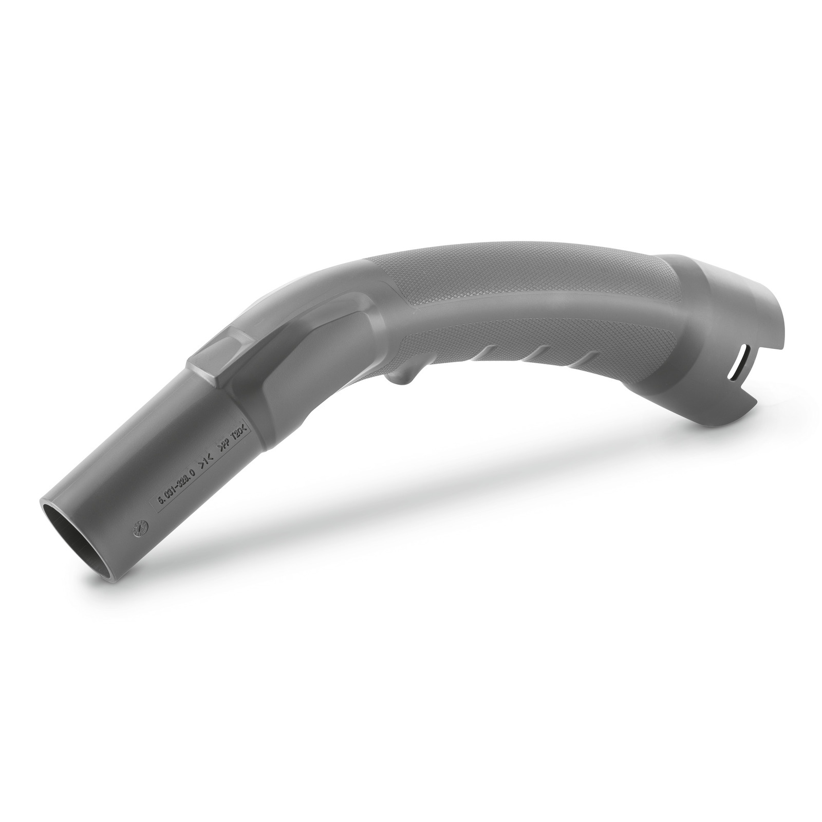 Grey Kärcher vacuum cleaner hose handle with textured grip, angled design, and connector end.