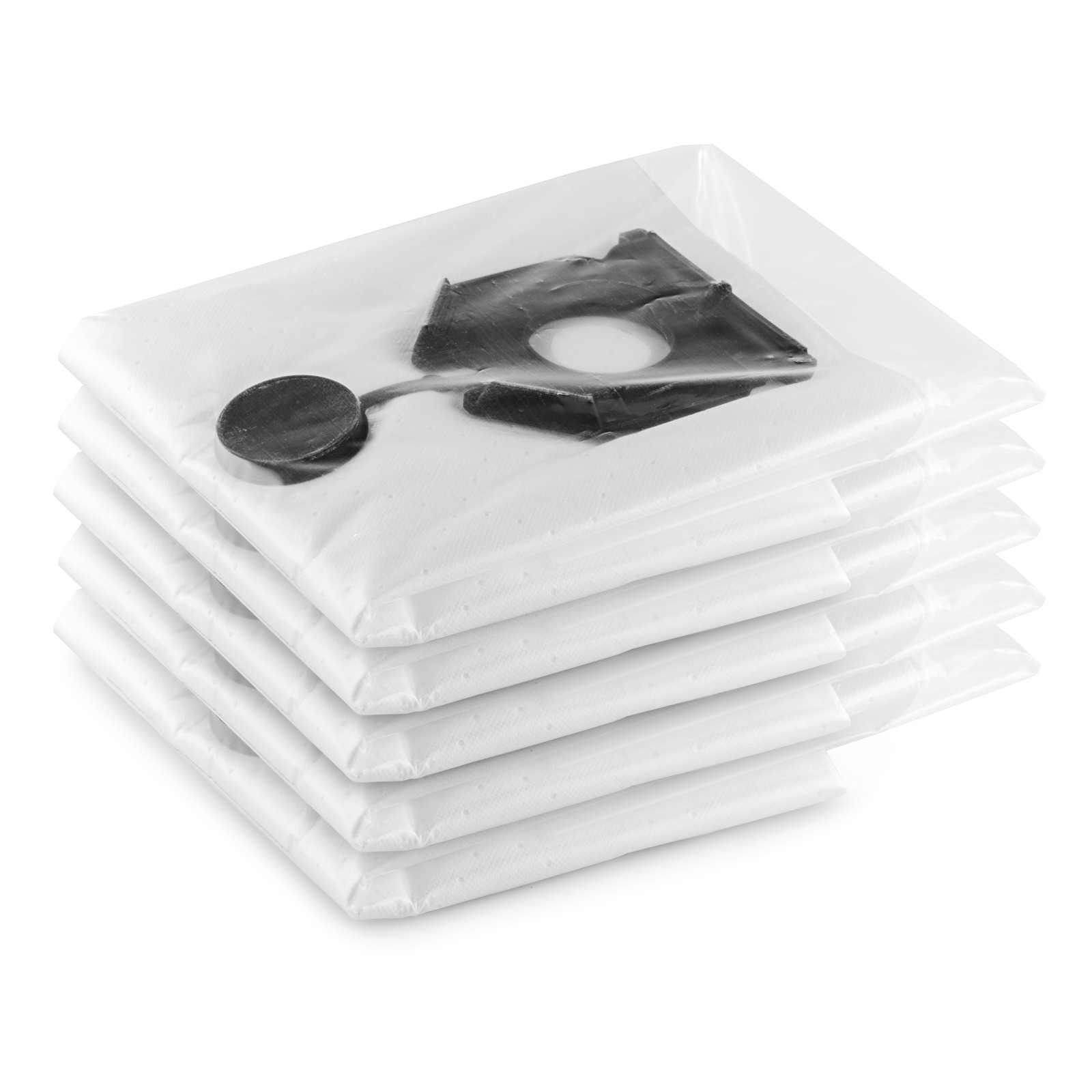 Stack of six white vacuum cleaner bags with black plastic fittings, wrapped in clear plastic packaging. Stack of six white vacuum cleaner bags with black plastic fittings, wrapped in clear plastic packaging.